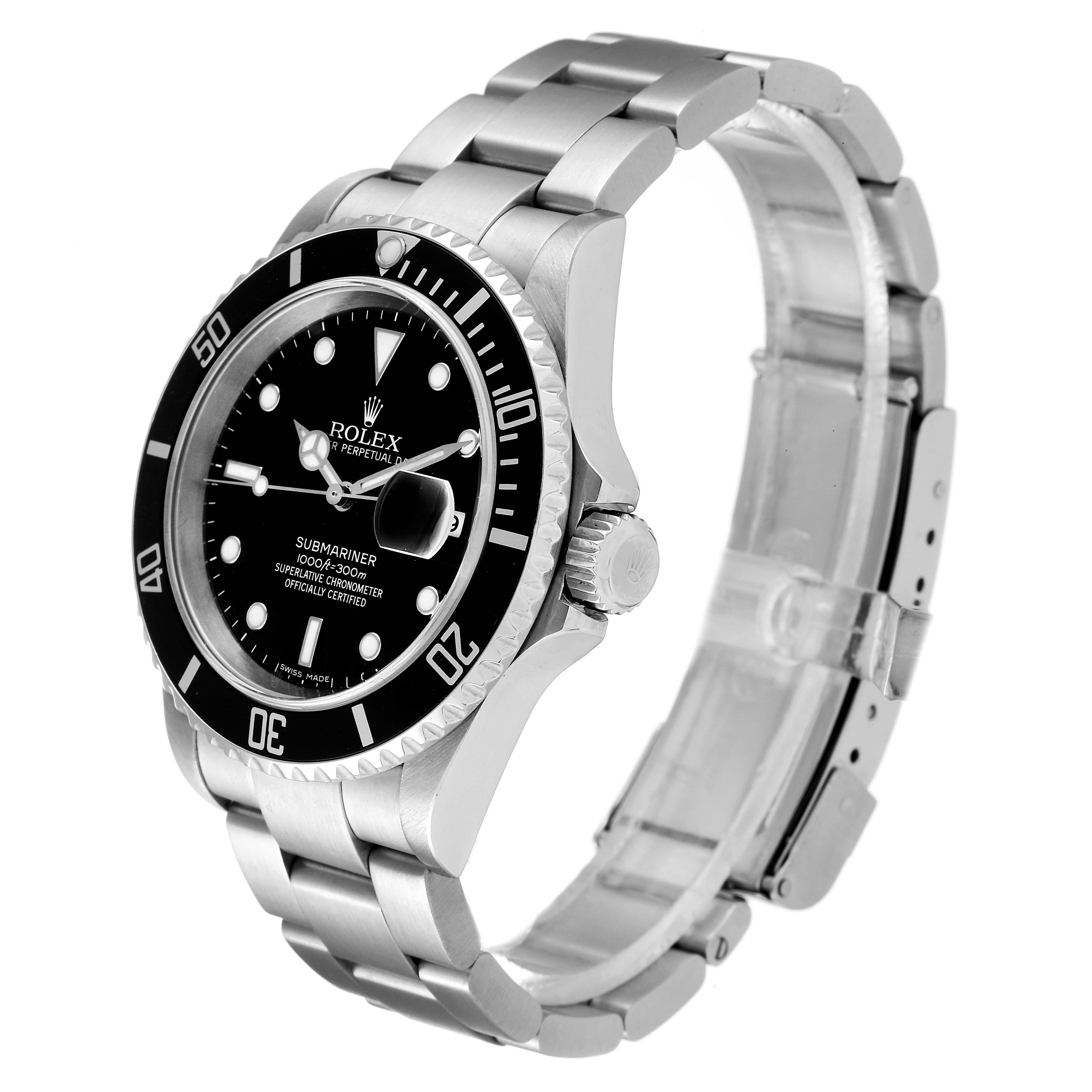 The image shows a side view of a Rolex Submariner 16610 Men
s Stainless Steel Black Dial 16610 Men
s Stainless Steel Black Dial watch, displaying its face, bezel, crown, and bracelet.