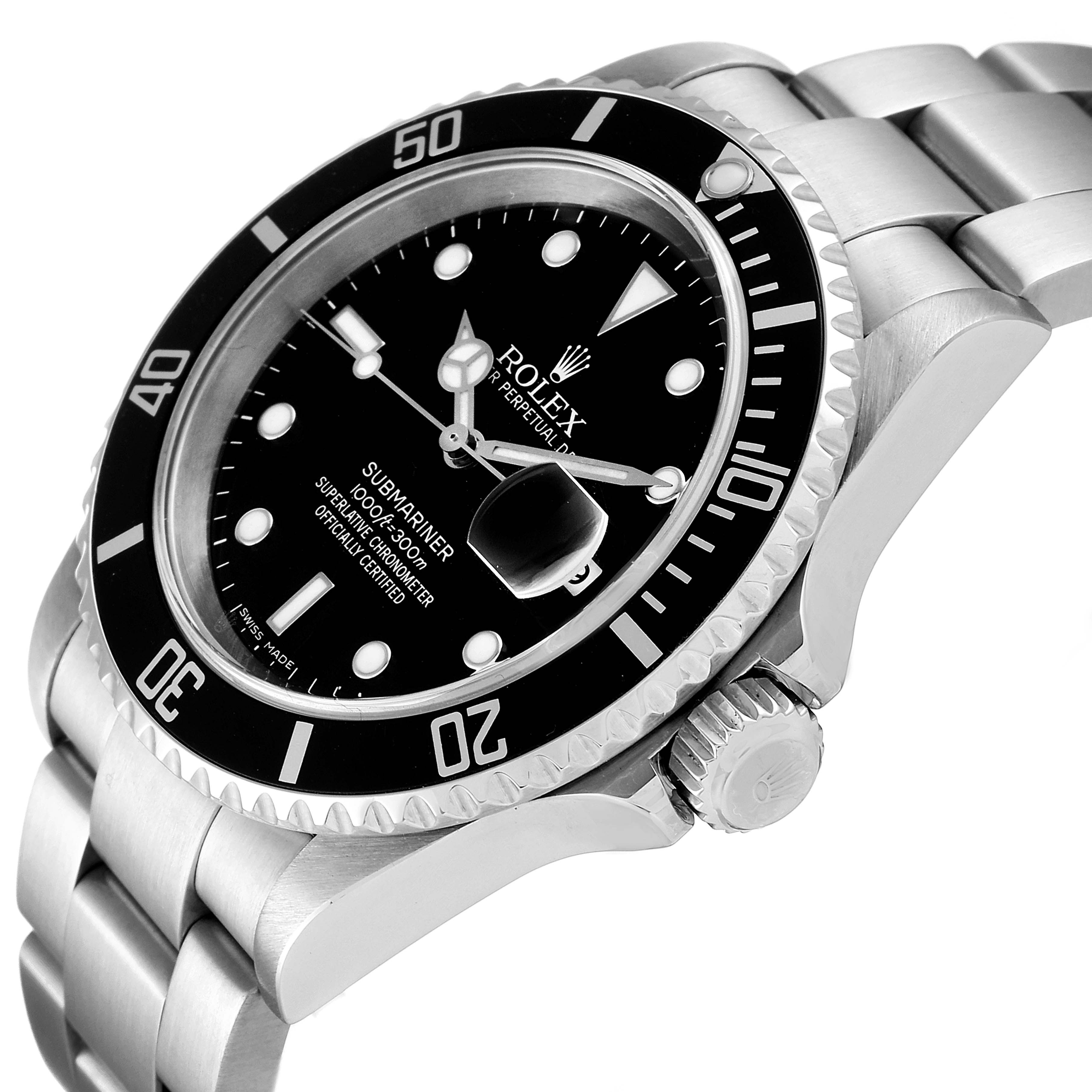 The image shows a close-up, angled view of a Rolex Submariner 16610 Men
s Stainless Steel Black Dial 16610 Men
s Stainless Steel Black Dial, displaying the crown, bezel, and part of the bracelet.