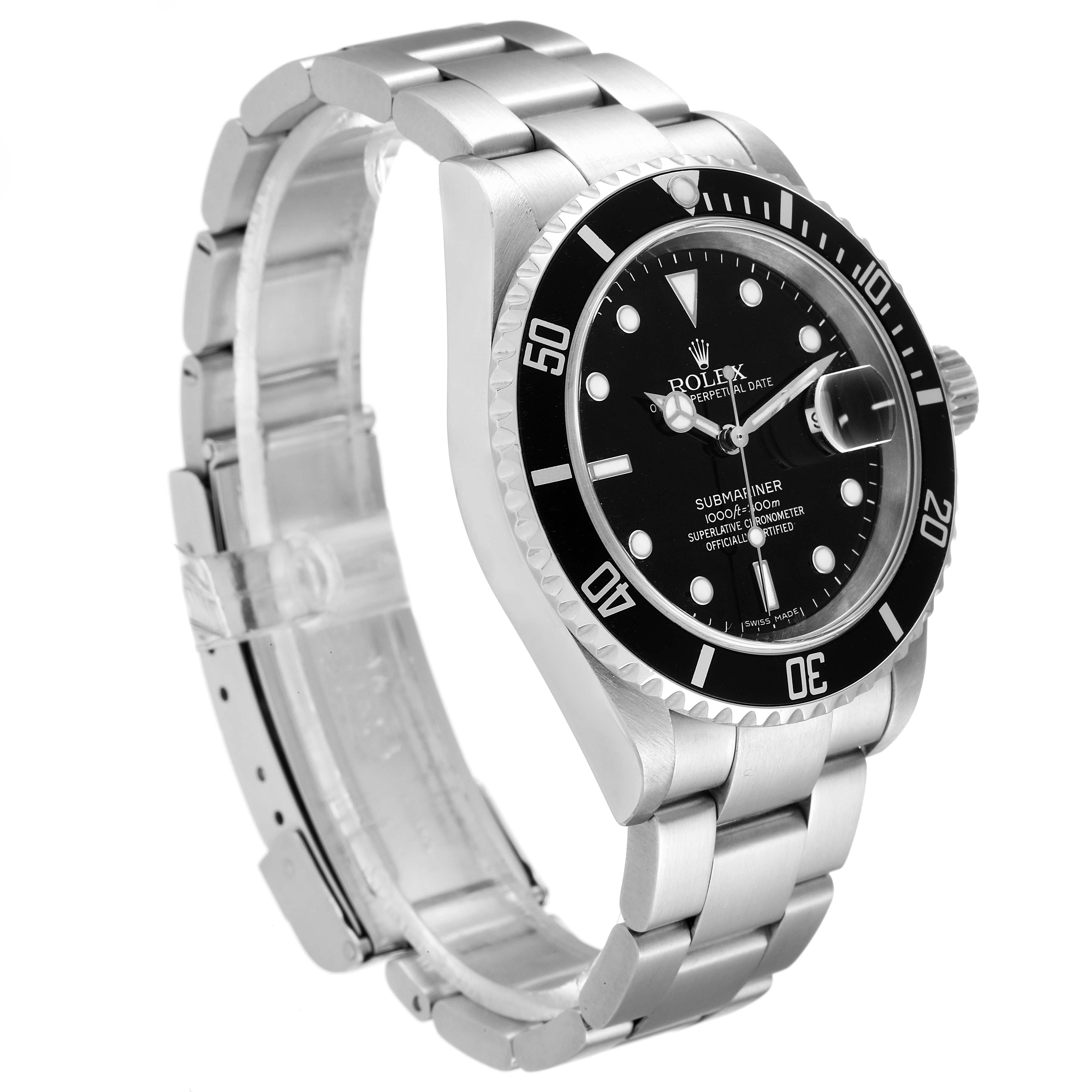 The image shows a side view of a Rolex Submariner 16610 Men
s Stainless Steel Black Dial 16610 Men
s Stainless Steel Black Dial, displaying the watch face, bezel, and bracelet.