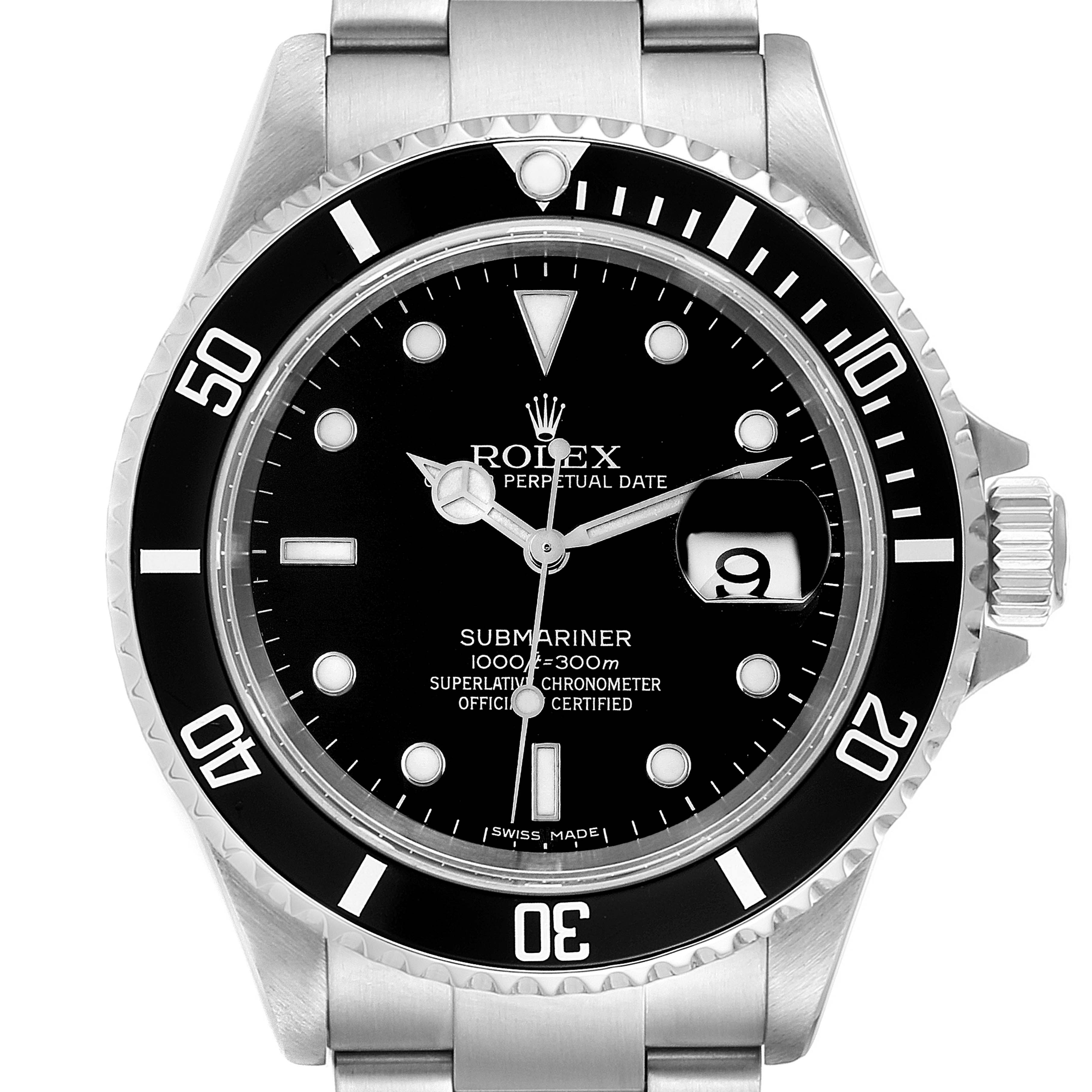 This is a front view close-up of a Rolex Submariner 16610 Men
s Stainless Steel Black Dial 16610 Men
s Stainless Steel Black Dial watch, displaying the dial, bezel, crown, and part of the metal bracelet.