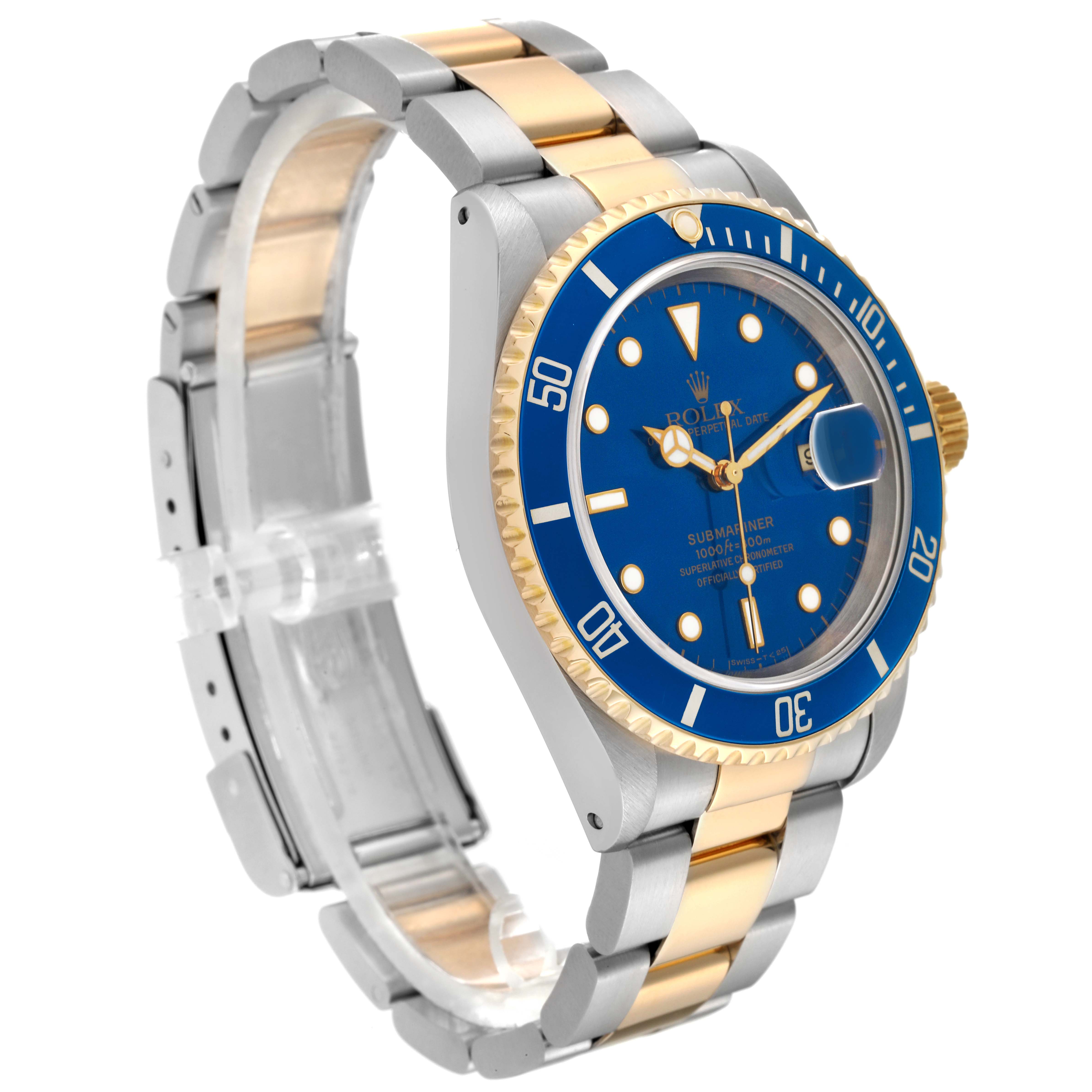 The image shows a side angle of the Rolex Submariner 16613 Men's Steel and Gold (two tone) Blue Dial 16613 Men's Steel and Gold (two tone) Blue Dial watch, highlighting the blue dial, bezel, and two-tone metal bracelet.