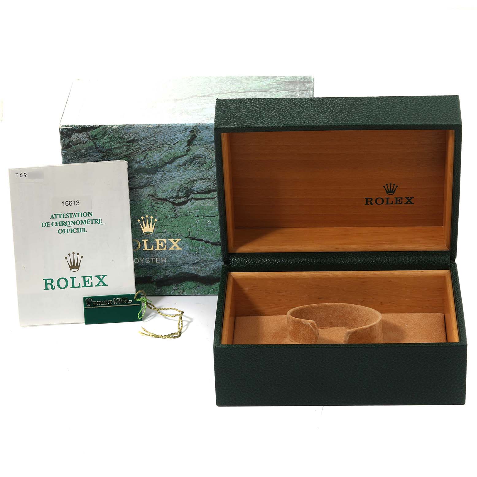 The image shows a Rolex Submariner 16613 Men's Steel and Gold (two tone) Blue Dial 16613 Men's Steel and Gold (two tone) Blue Dial watch box with papers and tag, displayed at an angle showing the open box interior.