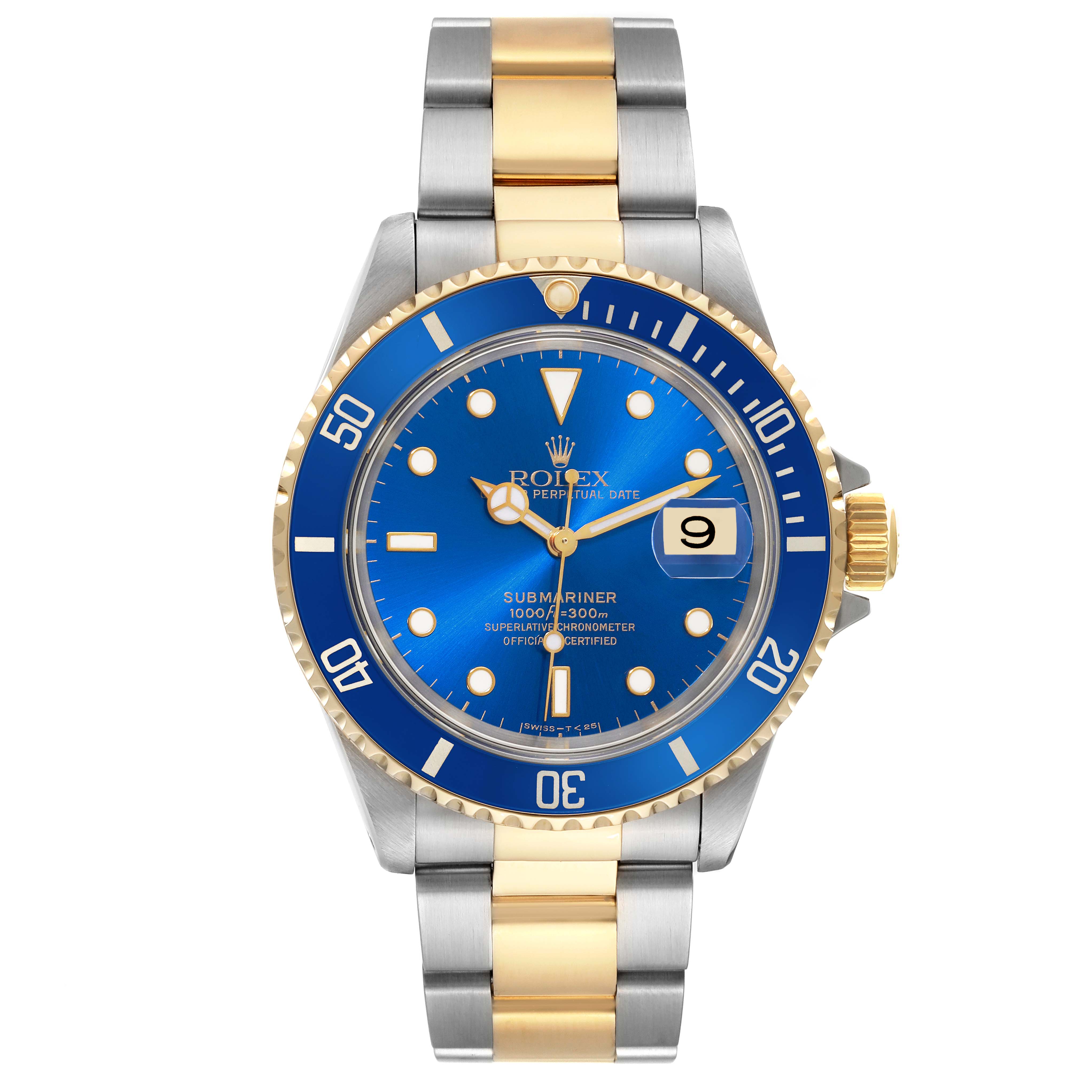This image shows a front view of a Rolex Submariner 16613 Men's Steel and Gold (two tone) Blue Dial 16613 Men's Steel and Gold (two tone) Blue Dial watch, highlighting its blue dial, date display, and two-tone bracelet.