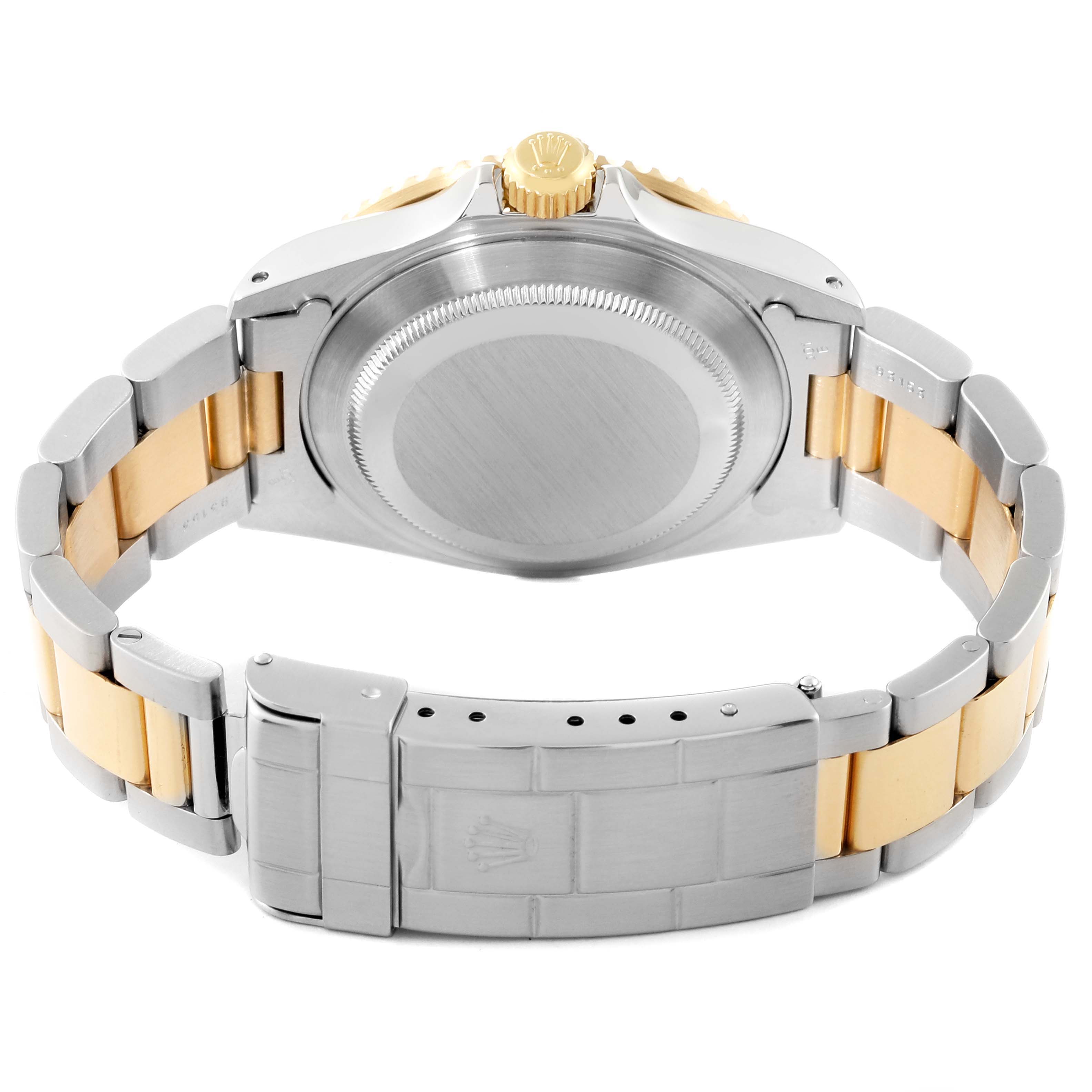 The image shows the back of a Rolex Submariner 16613 Men's Steel and Gold (two tone) Blue Dial 16613 Men's Steel and Gold (two tone) Blue Dial watch, highlighting the case, crown, and two-tone bracelet.