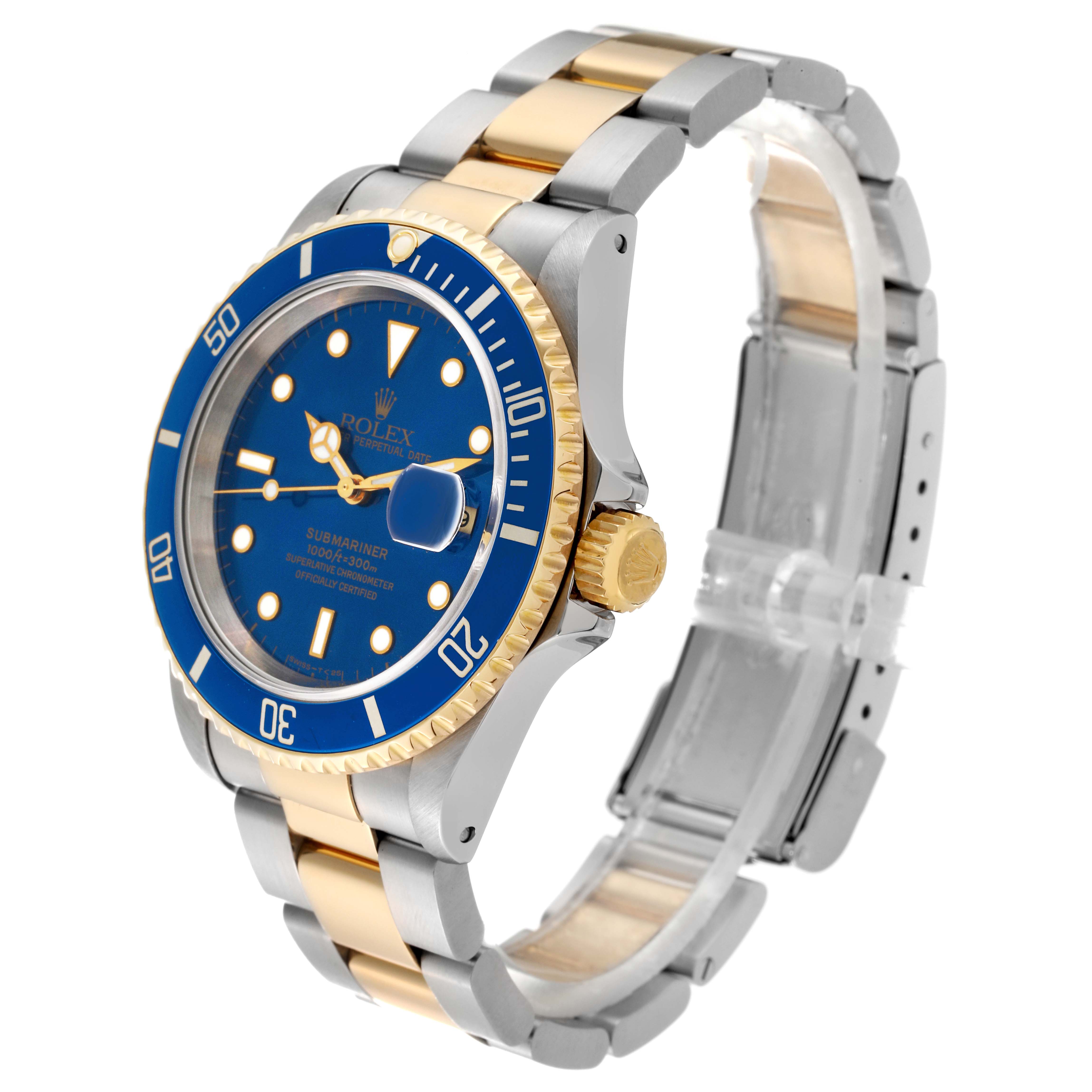 This image shows a Rolex Submariner 16613 Men's Steel and Gold (two tone) Blue Dial 16613 Men's Steel and Gold (two tone) Blue Dial watch angled from the front-left, highlighting its blue dial, bezel, and two-tone bracelet.