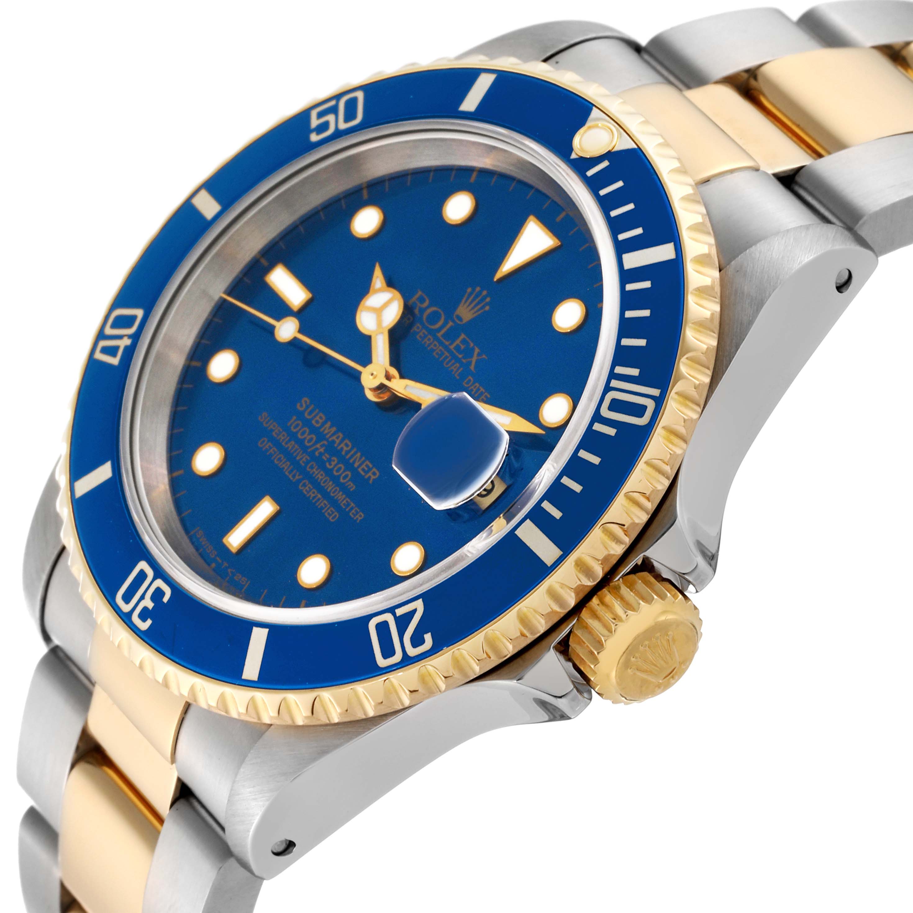 The Rolex Submariner 16613 Men's Steel and Gold (two tone) Blue Dial 16613 Men's Steel and Gold (two tone) Blue Dial watch is shown at a slight angle, highlighting the blue dial, gold bezel, and part of the bracelet.