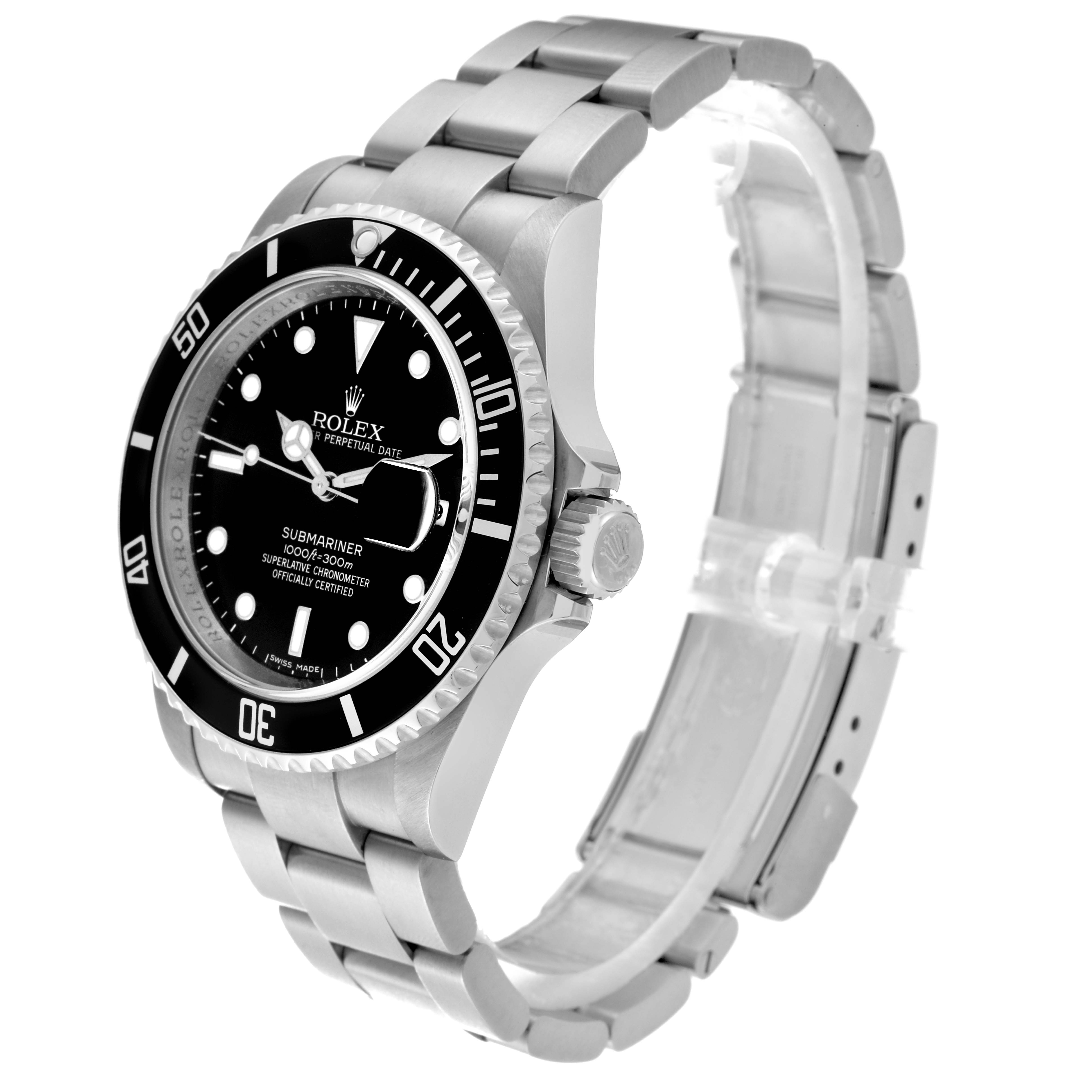 This image shows a Rolex Submariner 16610 Men
s Stainless Steel Black Dial 16610 Men
s Stainless Steel Black Dial watch at a three-quarter angle, highlighting the dial, bezel, crown, and bracelet.