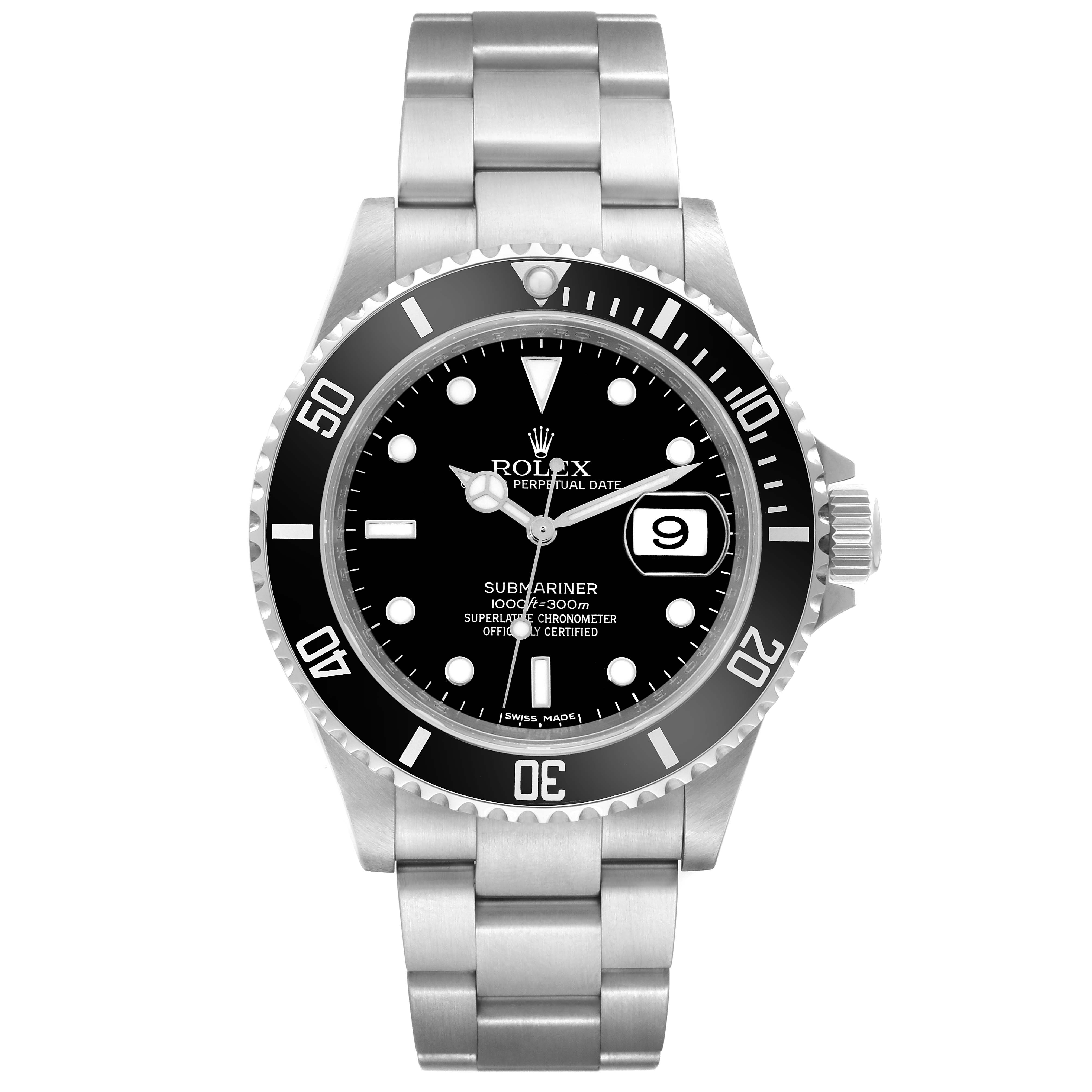 The image shows a front view of a Rolex Submariner 16610 Men
s Stainless Steel Black Dial 16610 Men
s Stainless Steel Black Dial watch, displaying its face, bezel, crown, and bracelet.