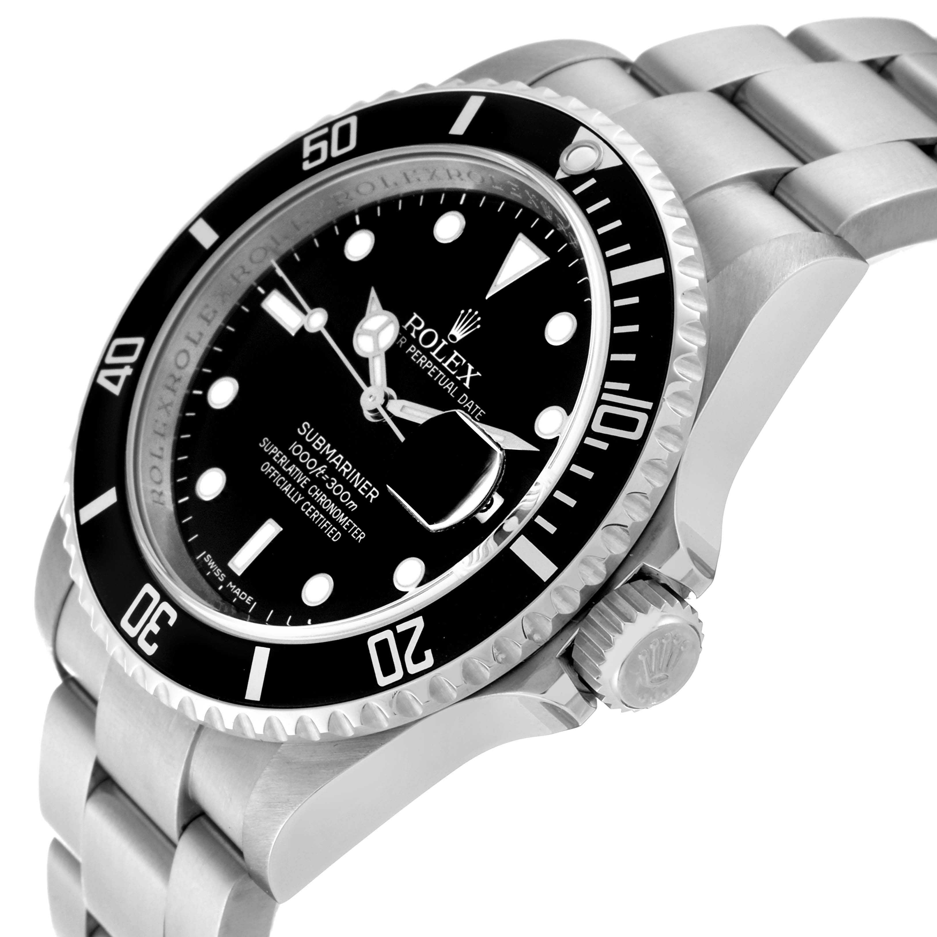 The image shows a close-up, angled view of the Rolex Submariner 16610 Men
s Stainless Steel Black Dial 16610 Men
s Stainless Steel Black Dial watch displaying its dial, bezel, crown, and part of the bracelet.