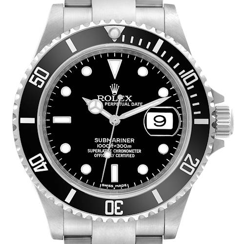 This image shows a front view of the Rolex Submariner, displaying its dial, bezel, and part of the bracelet.