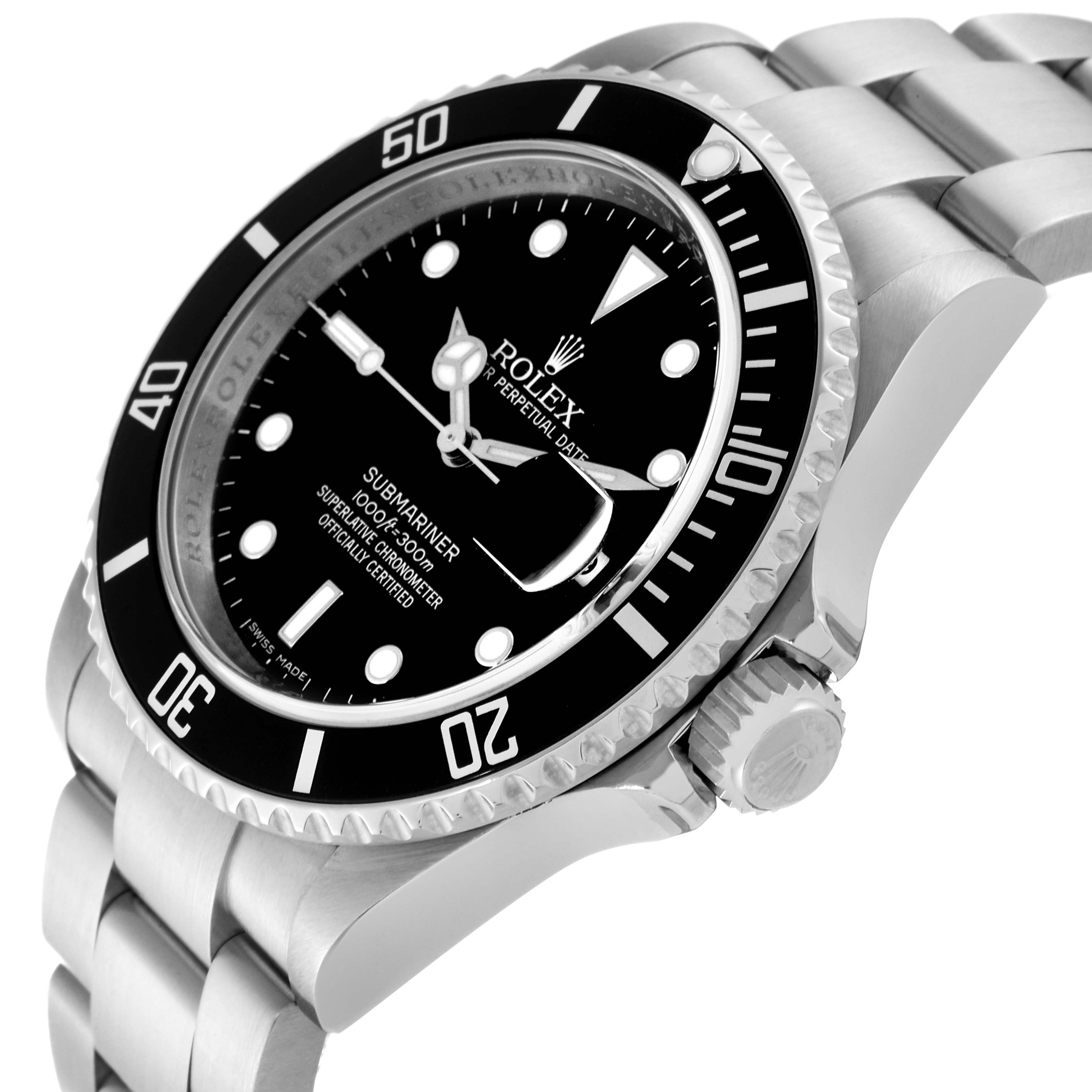 This image shows a side angle of the Rolex Submariner 16610 Men's Stainless Steel Black Dial 16610 Men's Stainless Steel Black Dial watch, highlighting its black dial, bezel, and stainless steel bracelet.