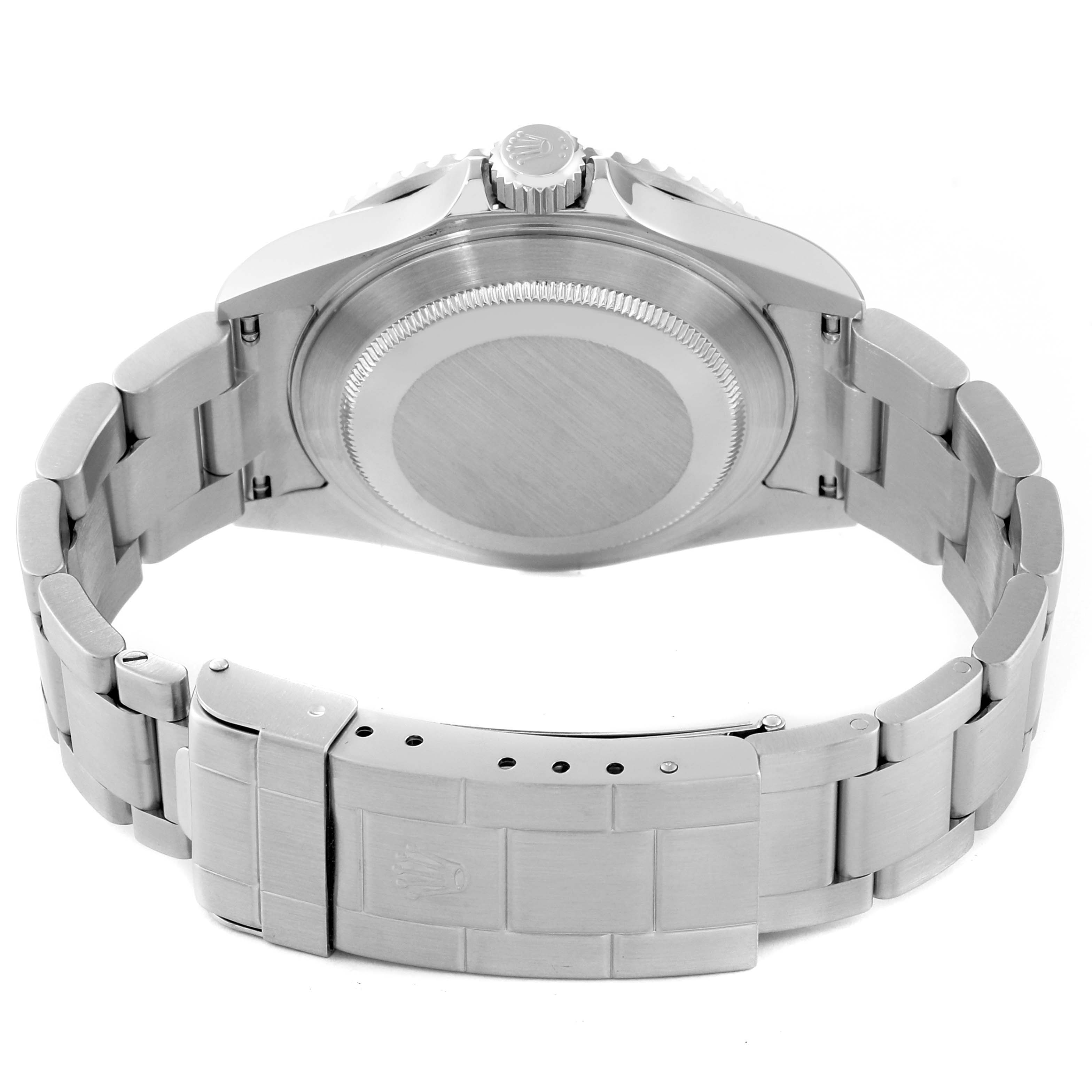 The image shows the backside and bracelet of a Rolex Submariner 16610 Men's Stainless Steel Black Dial 16610 Men's Stainless Steel Black Dial watch at an angle that highlights the clasp and case back.