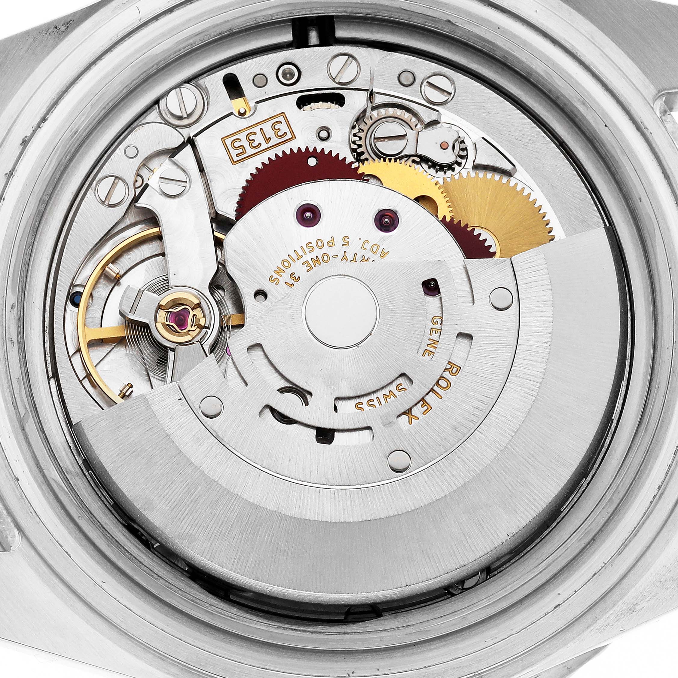 This is an inside view of a Rolex Submariner 16610 Men's Stainless Steel Black Dial 16610 Men's Stainless Steel Black Dial model, showing its intricate mechanical movement components.