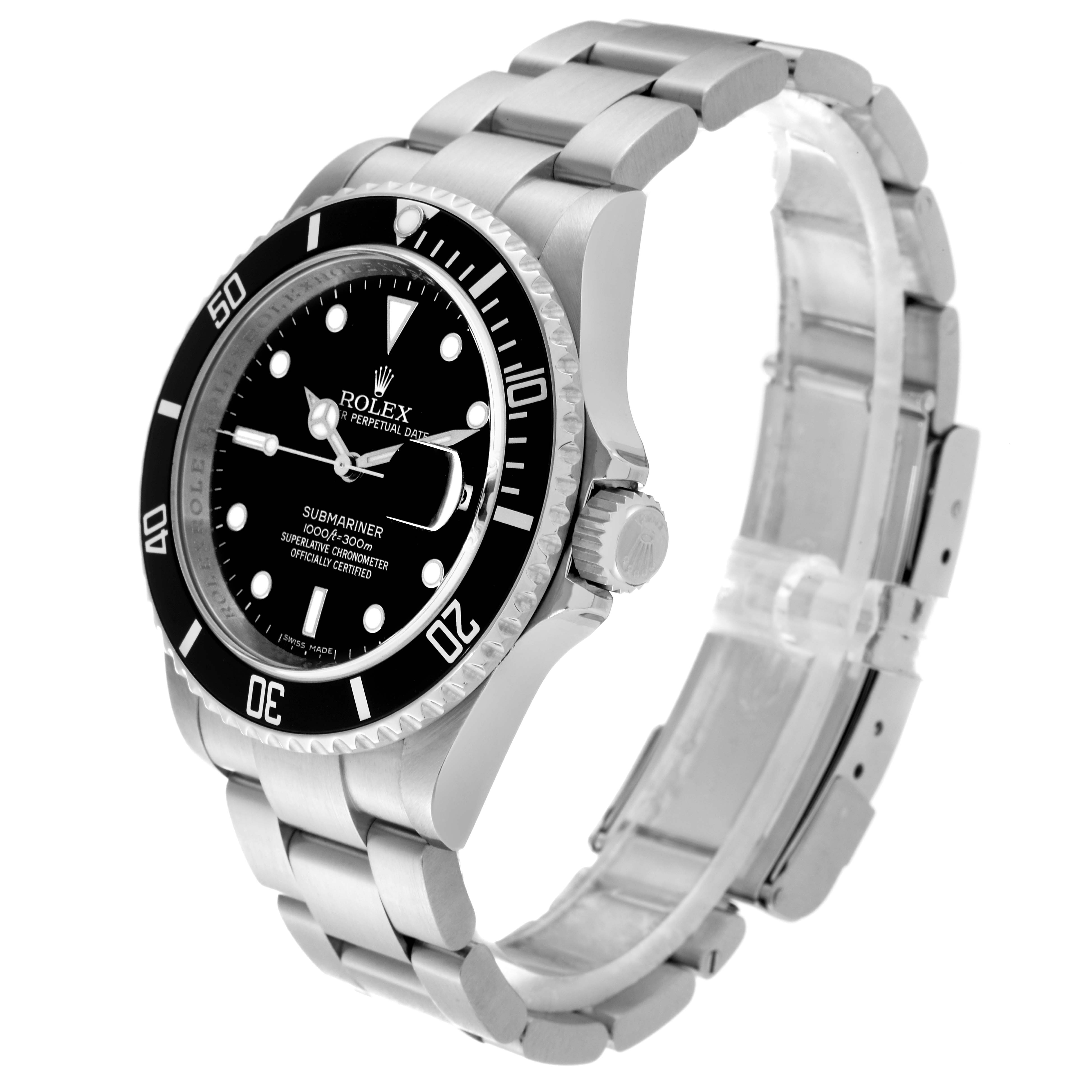 This image shows a side angle of a Rolex Submariner 16610 Men's Stainless Steel Black Dial 16610 Men's Stainless Steel Black Dial watch, highlighting the bezel, dial, crown, and stainless steel bracelet.