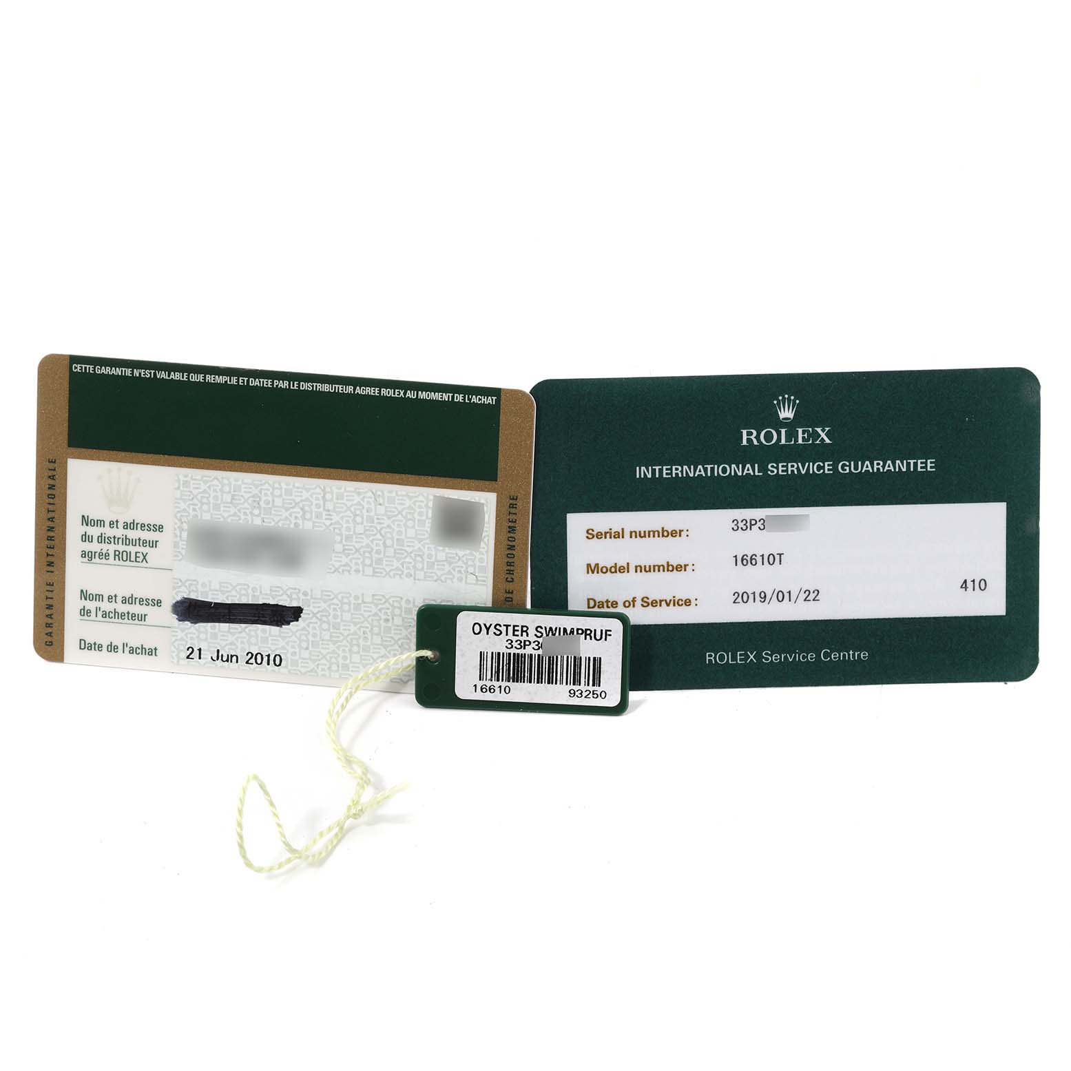 This image displays the guarantee card, service guarantee card, and Oyster swimproof tag for a Rolex Submariner 16610 Men's Stainless Steel Black Dial 16610 Men's Stainless Steel Black Dial model.