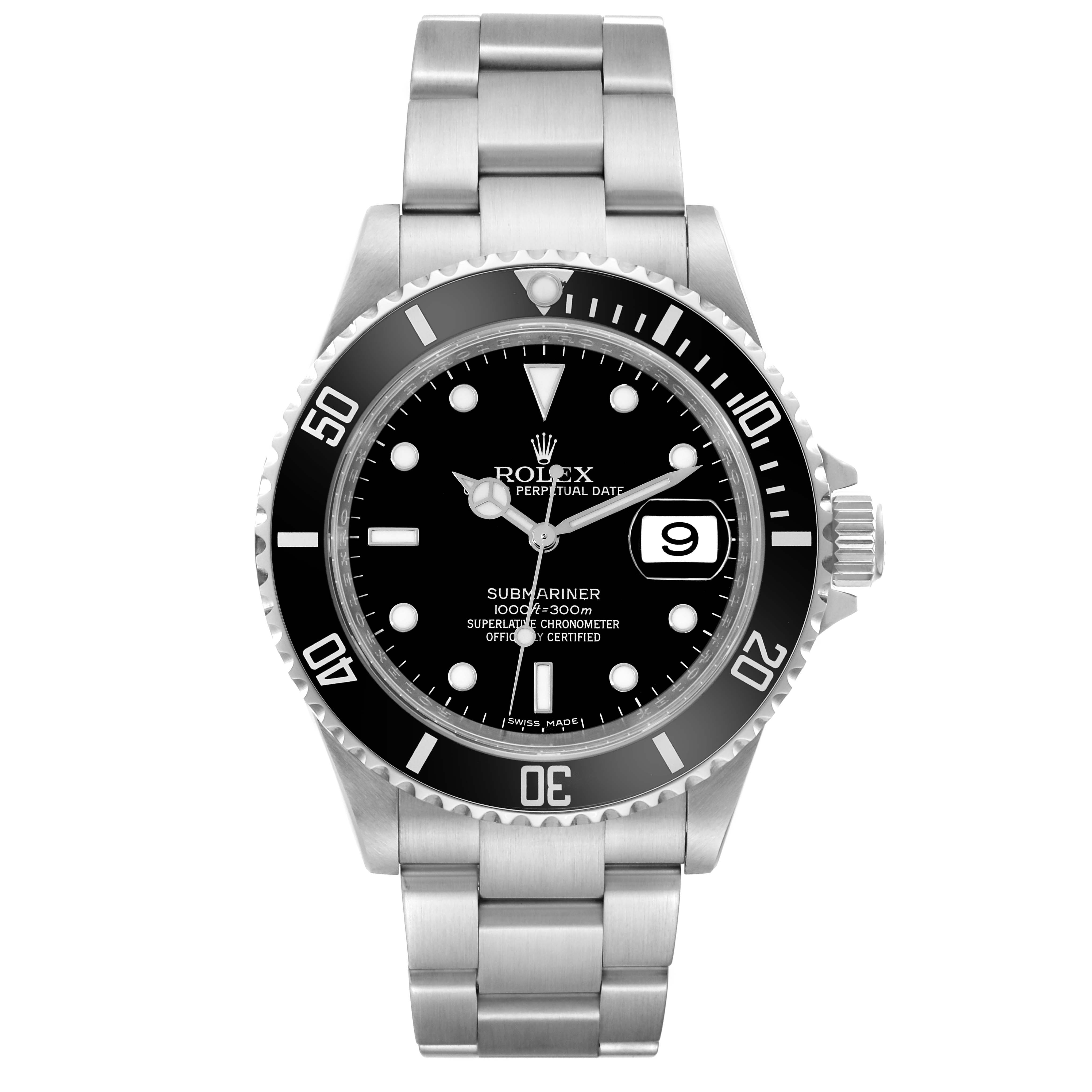 The image shows a front view of the Rolex Submariner 16610 Men's Stainless Steel Black Dial 16610 Men's Stainless Steel Black Dial, featuring the dial, bezel, crown, and part of the bracelet.