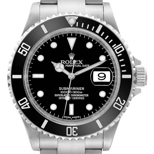 This image shows a front view of the Rolex Submariner watch displaying its dial, bezel, crown, and part of its bracelet.