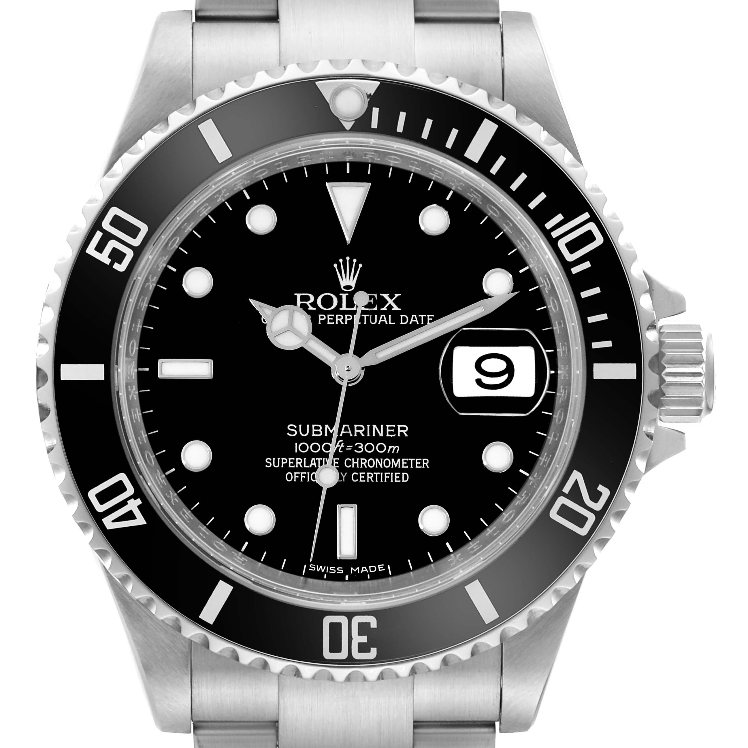 The image shows a front view of the Rolex Submariner 16610 Men's Stainless Steel Black Dial 16610 Men's Stainless Steel Black Dial watch, displaying its dial, bezel, and a portion of the bracelet.