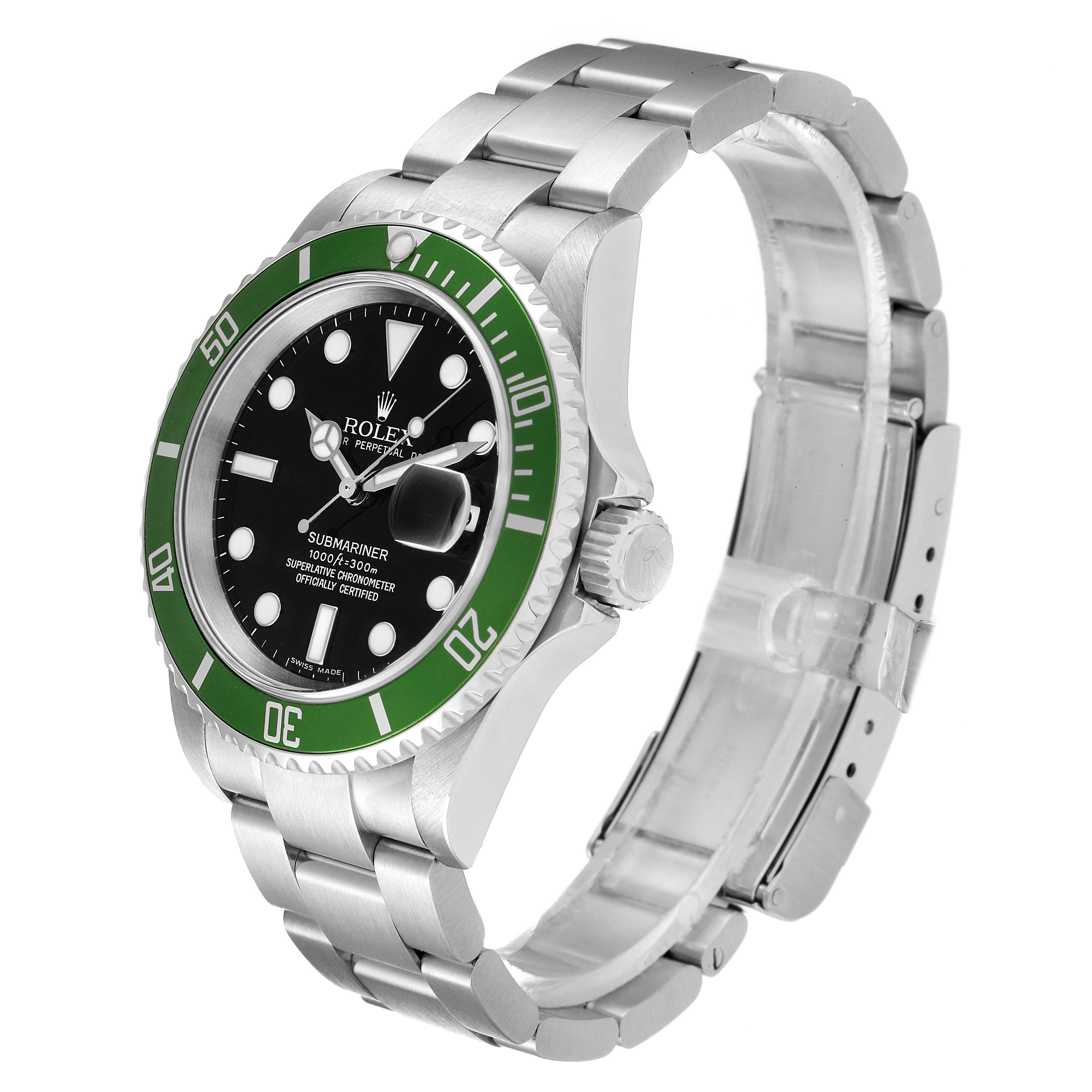 The image shows a Rolex Submariner 16610LV Men
s Stainless Steel Black Dial 16610LV Men
s Stainless Steel Black Dial watch from an angled side view, highlighting the face, bezel, crown, and bracelet.