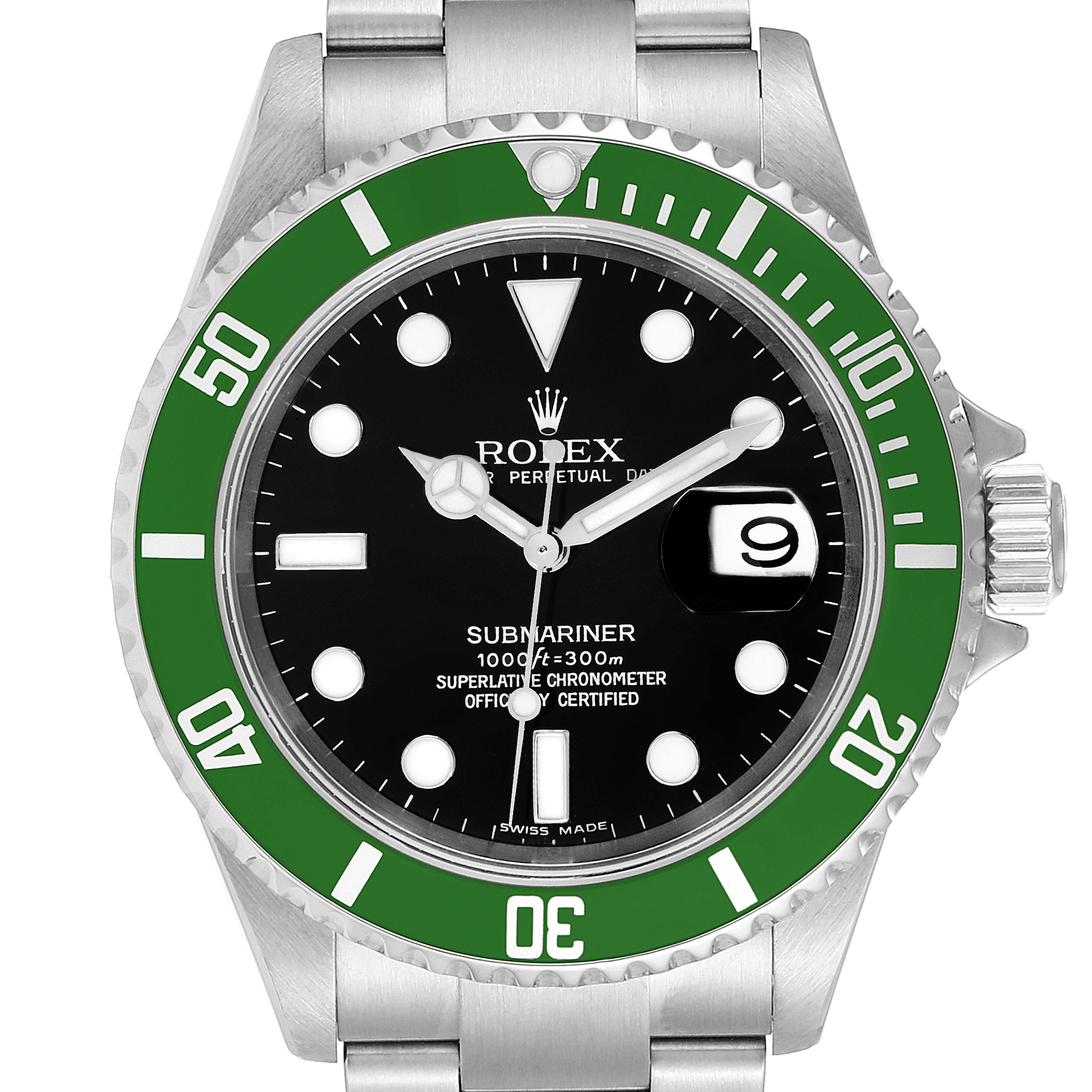 The image shows a front view of the Rolex Submariner 16610LV Men
s Stainless Steel Black Dial 16610LV Men
s Stainless Steel Black Dial watch, highlighting the green bezel and black dial with a date function.