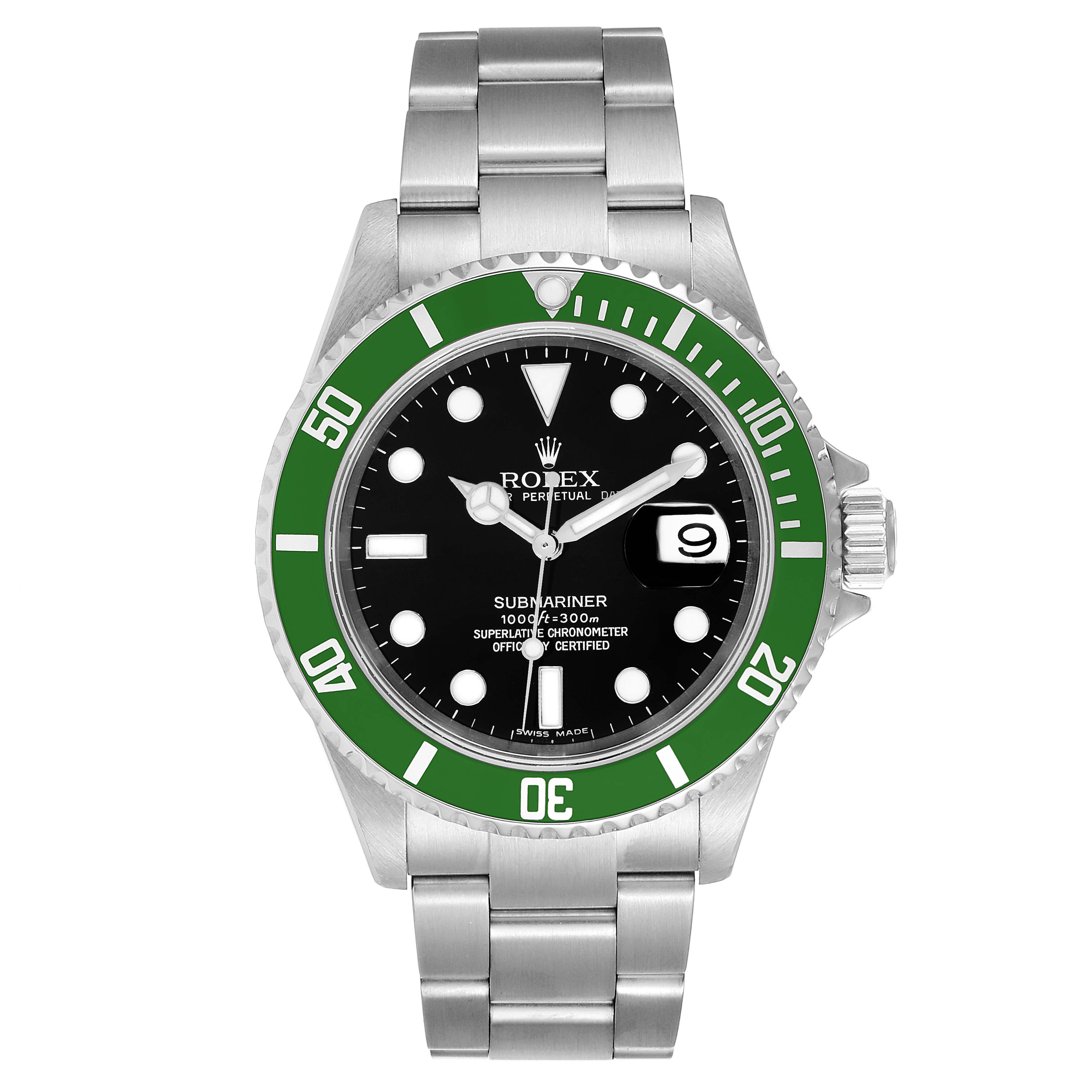 The image shows a front view of the Rolex Submariner 16610LV Men
s Stainless Steel Black Dial 16610LV Men
s Stainless Steel Black Dial watch, displaying the dial, bezel, and bracelet.