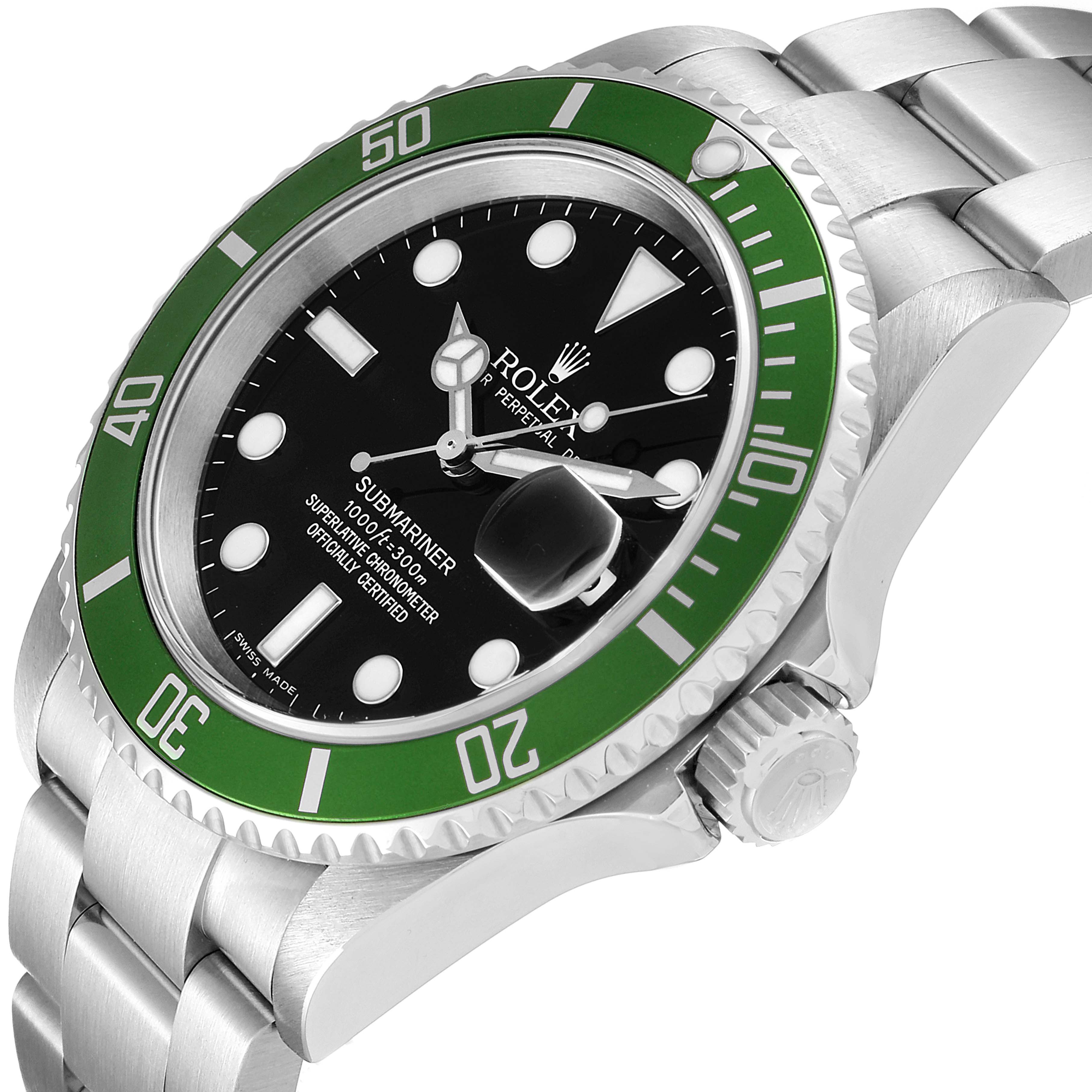 The image shows a close-up angle of a Rolex Submariner 16610LV Men
s Stainless Steel Black Dial 16610LV Men
s Stainless Steel Black Dial watch, focusing on the bezel, dial, crown, and part of the bracelet.