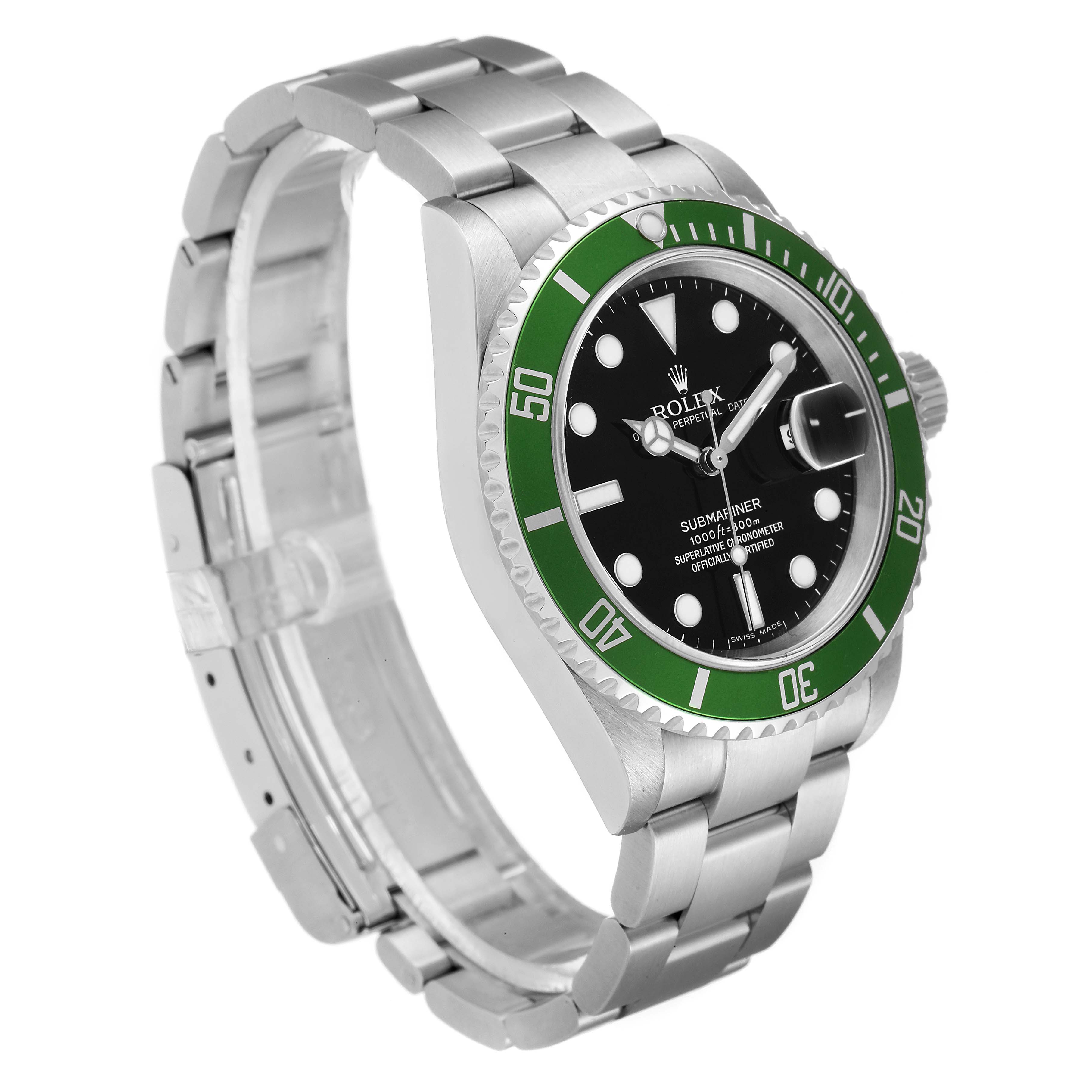 The image shows a side angle of the Rolex Submariner 16610LV Men
s Stainless Steel Black Dial 16610LV Men
s Stainless Steel Black Dial watch, highlighting the green bezel, black dial, and metal bracelet.