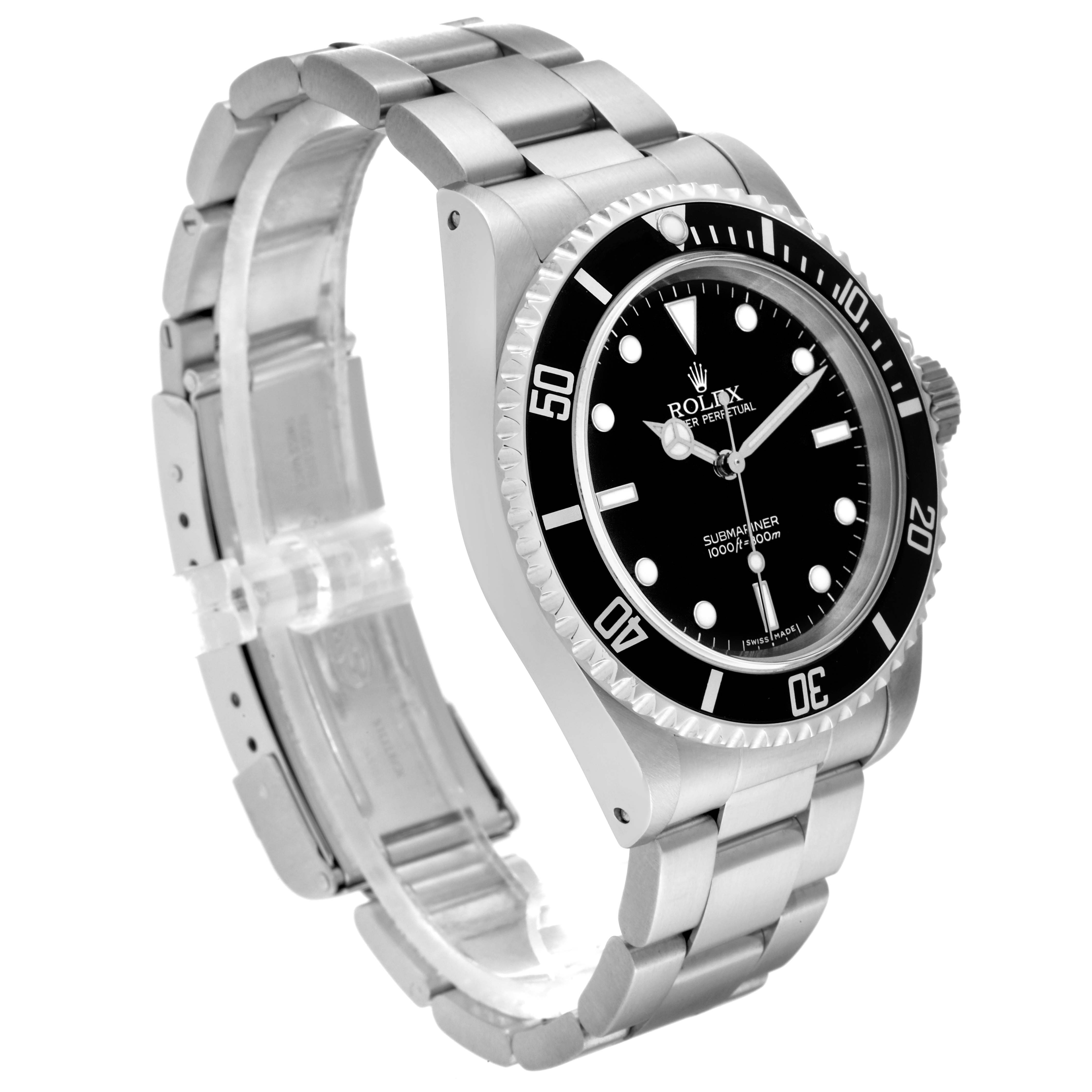 This image shows a Rolex Submariner 14060 Men's Stainless Steel Black Dial 14060 Men's Stainless Steel Black Dial watch at an angle that highlights the face, bezel, and stainless steel bracelet.