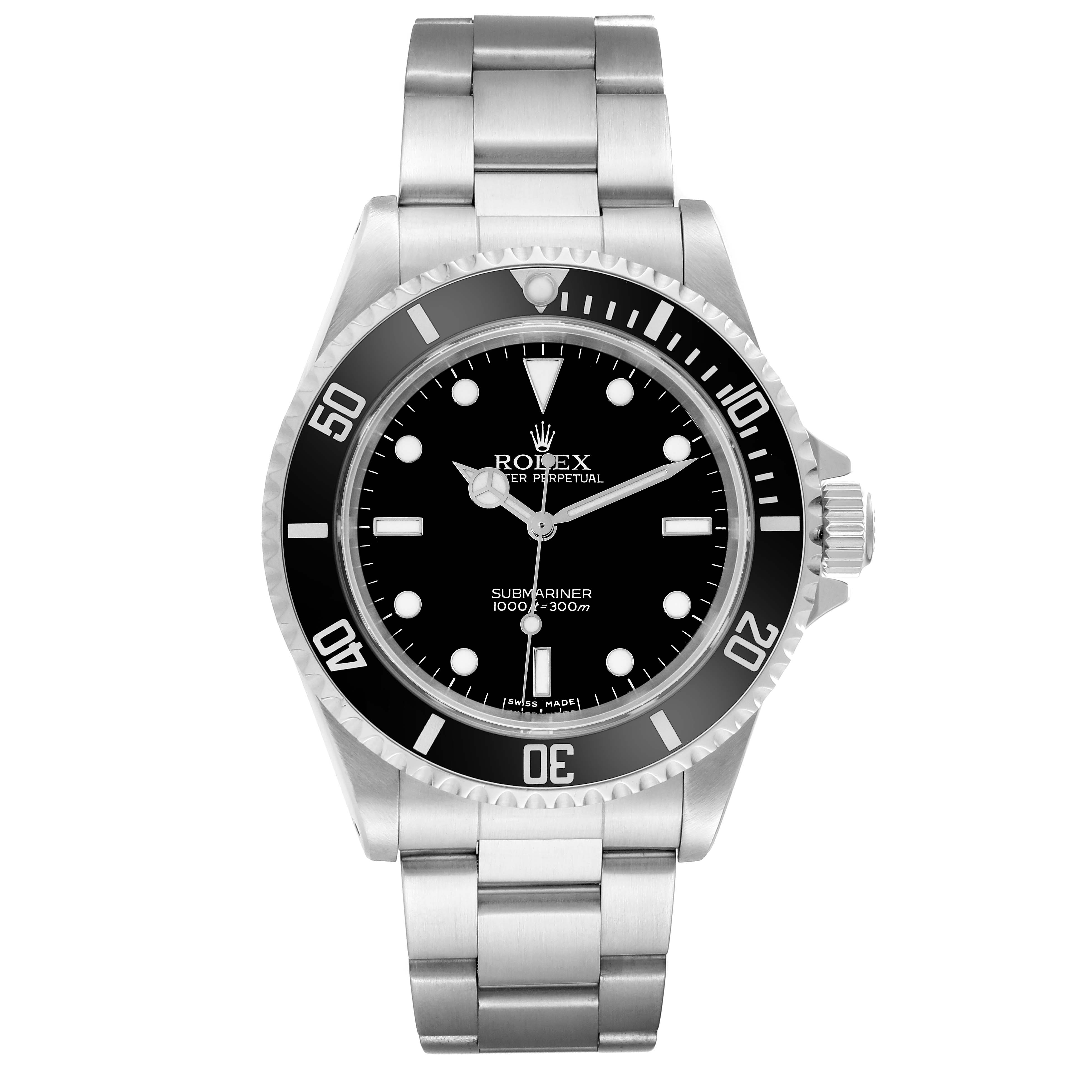 The image shows a front view of the Rolex Submariner 14060 Men's Stainless Steel Black Dial 14060 Men's Stainless Steel Black Dial watch, highlighting its black dial, bezel, and stainless steel bracelet.