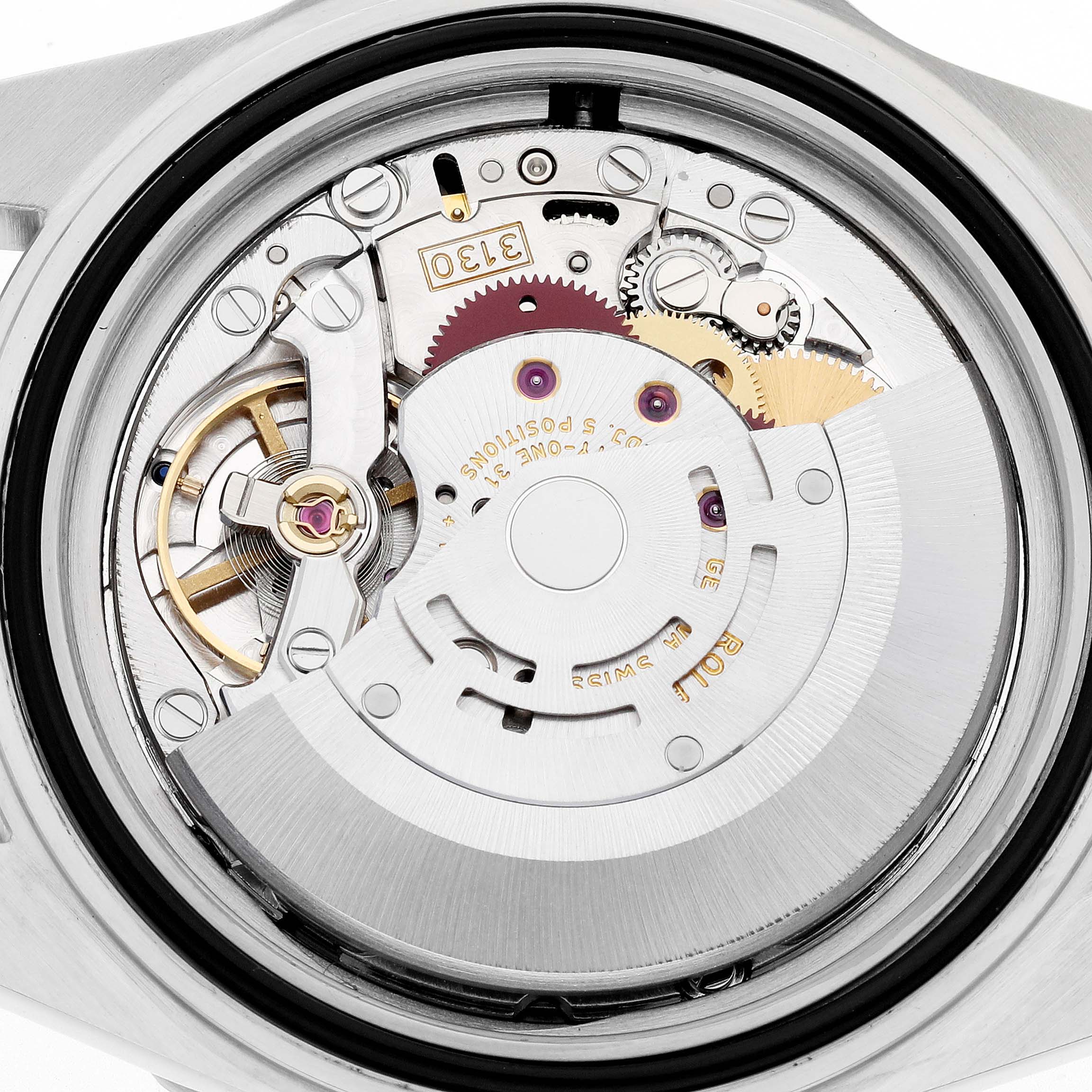 This image shows the internal mechanism and movement of a Rolex Submariner 14060 Men's Stainless Steel Black Dial 14060 Men's Stainless Steel Black Dial watch from a back view.