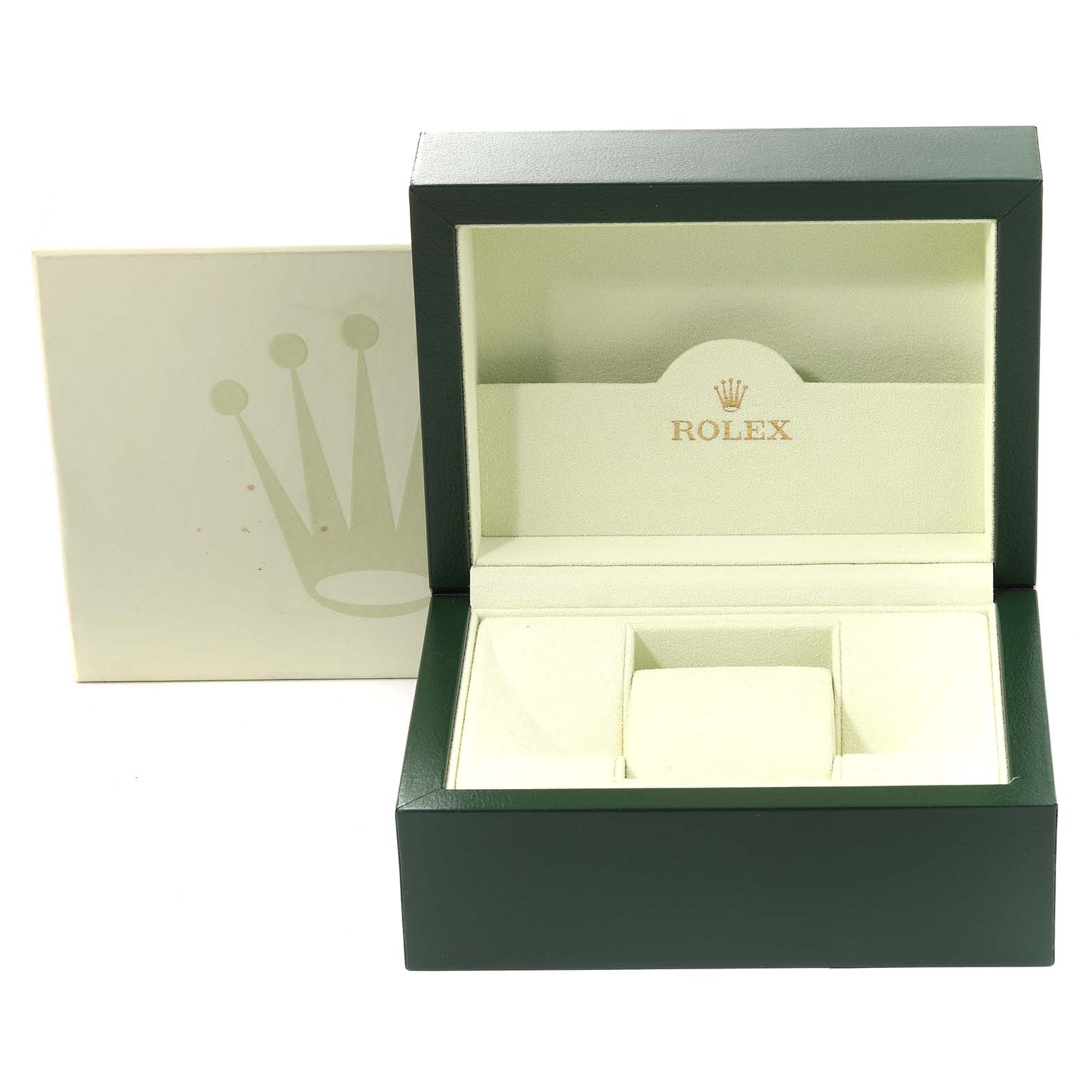 The image shows an open green and beige Rolex Submariner 14060 Men's Stainless Steel Black Dial 14060 Men's Stainless Steel Black Dial watch box, with the lid displaying the Rolex logo.