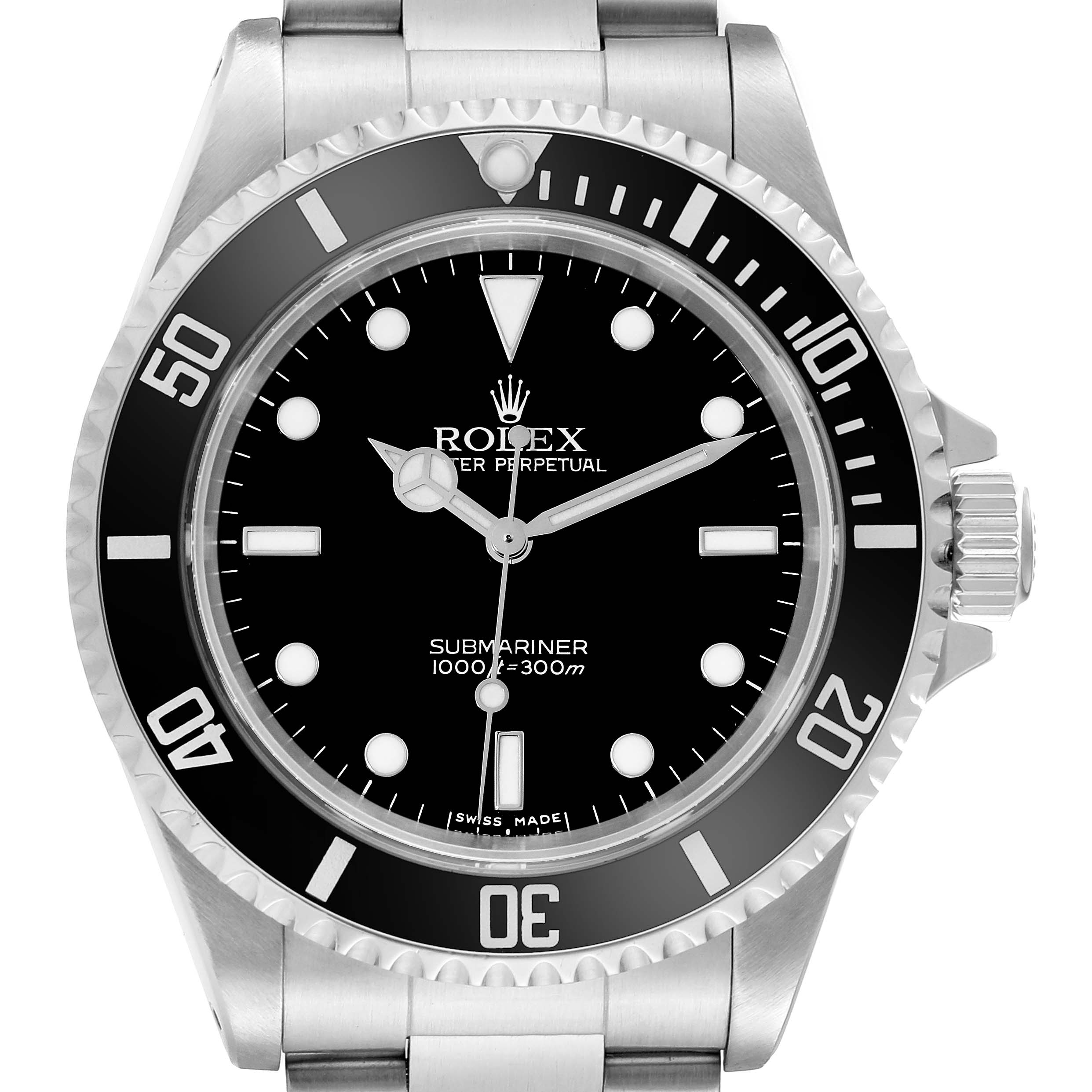 This image shows a front view of the Rolex Submariner 14060 Men's Stainless Steel Black Dial 14060 Men's Stainless Steel Black Dial watch, displaying its face, bezel, and part of the bracelet.