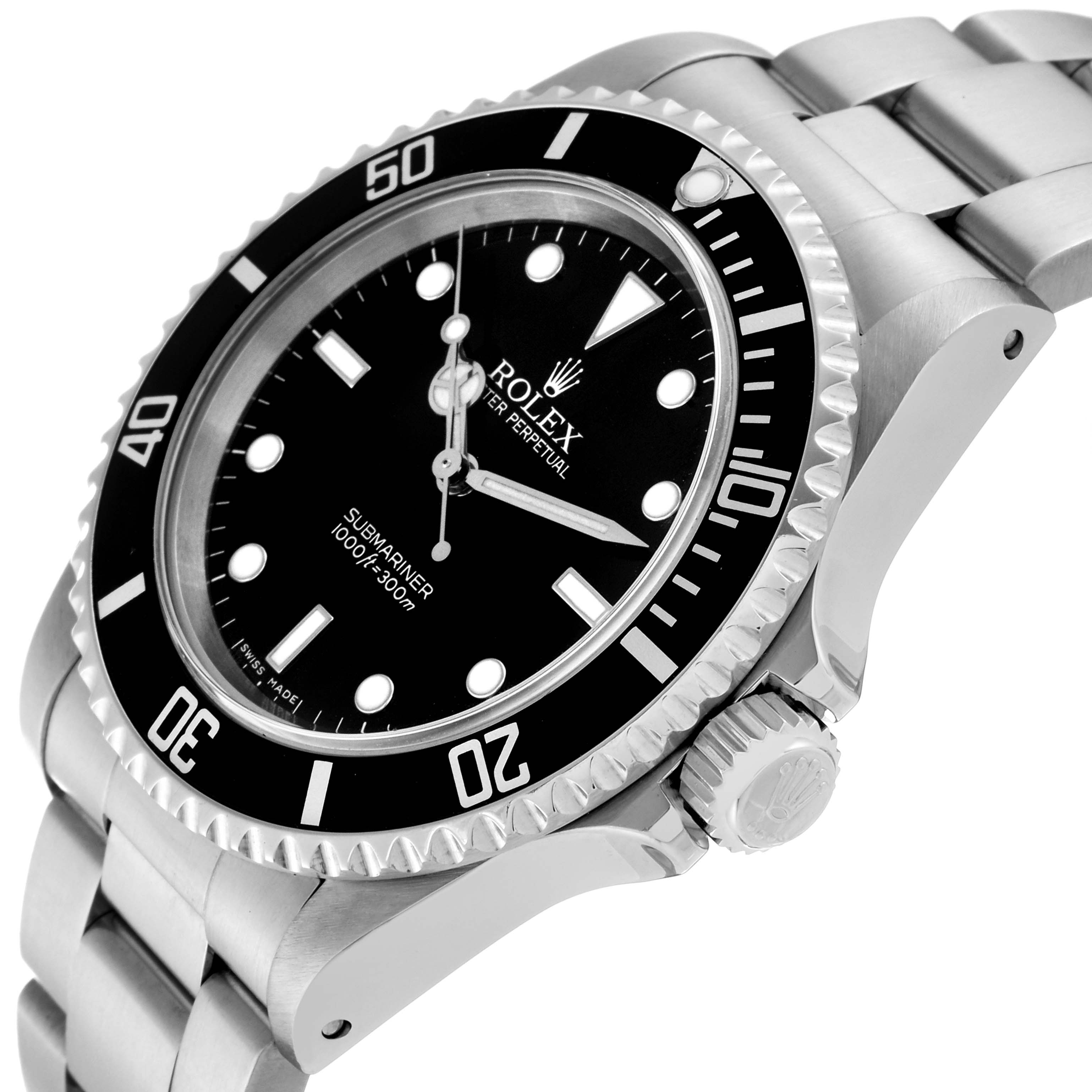 This image shows the Rolex Submariner 14060 Men's Stainless Steel Black Dial 14060 Men's Stainless Steel Black Dial watch from an oblique angle, highlighting its bezel, dial, and bracelet.