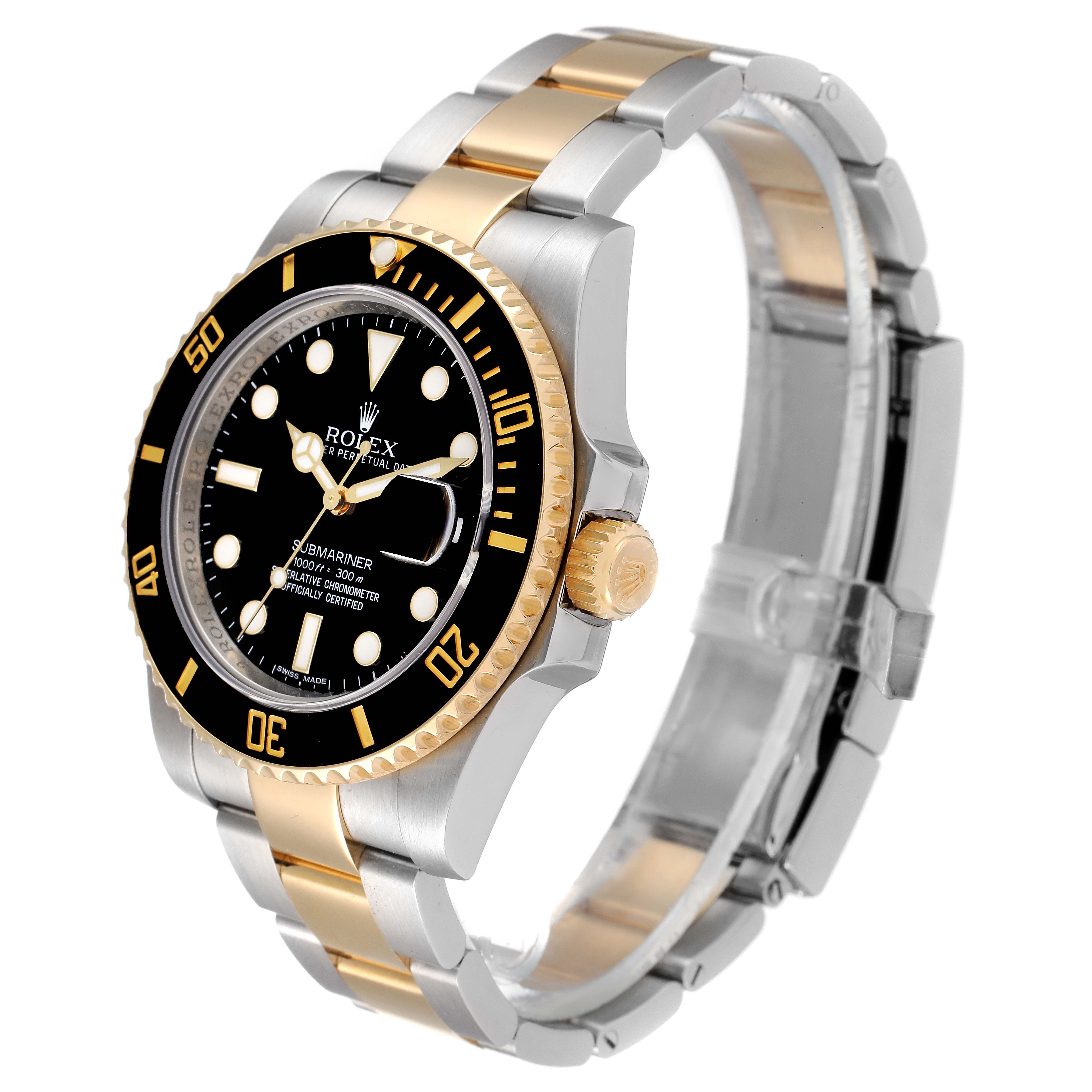 The image shows a side angle of the Rolex Submariner 116613 Men
s Steel and Gold (two tone) Black Dial 116613 Men
s Steel and Gold (two tone) Black Dial watch, highlighting its black dial, bezel, and two-tone steel and gold bracelet.