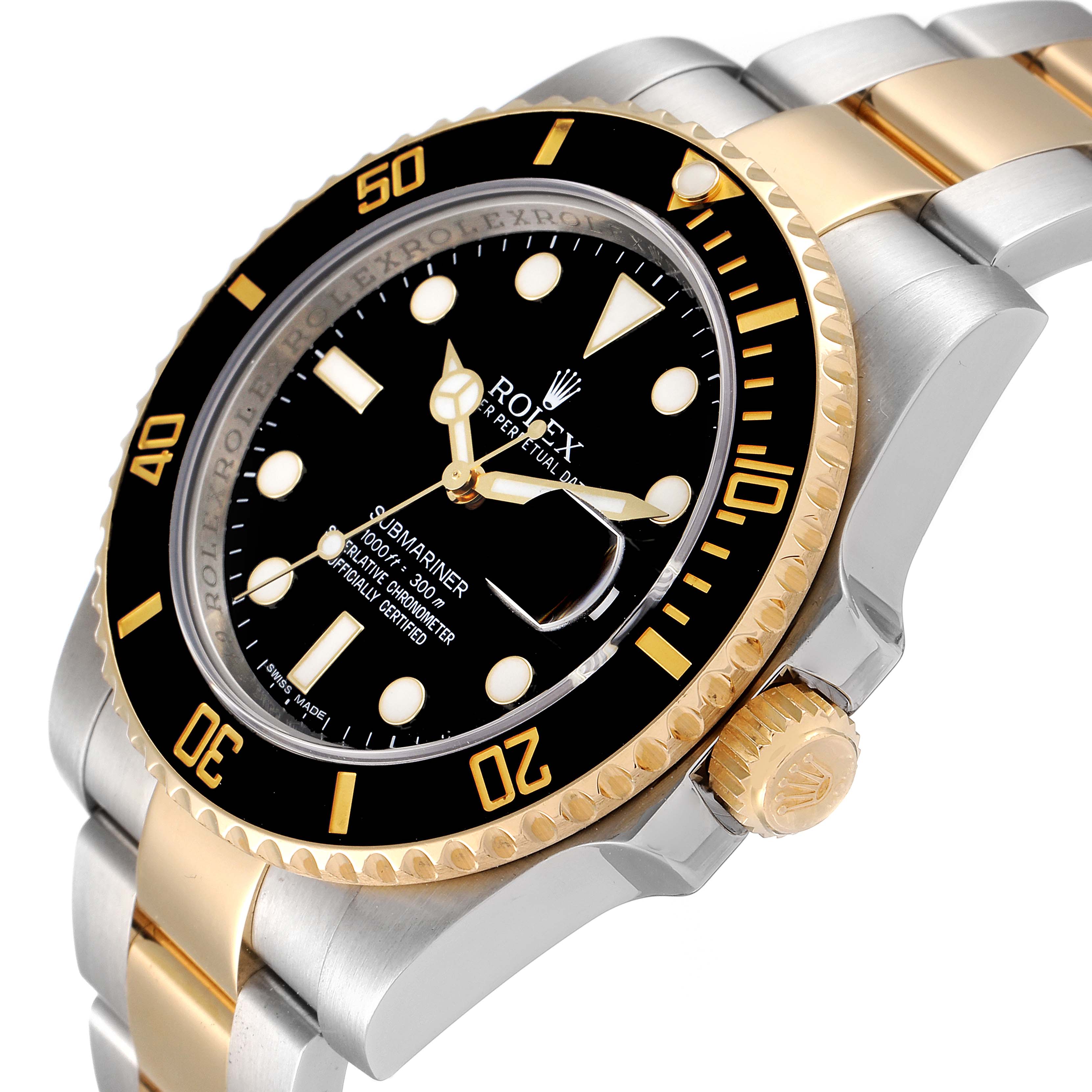 The image shows a Rolex Submariner 116613 Men
s Steel and Gold (two tone) Black Dial 116613 Men
s Steel and Gold (two tone) Black Dial watch at an angled view, highlighting the bezel, dial, crown, and bracelet.