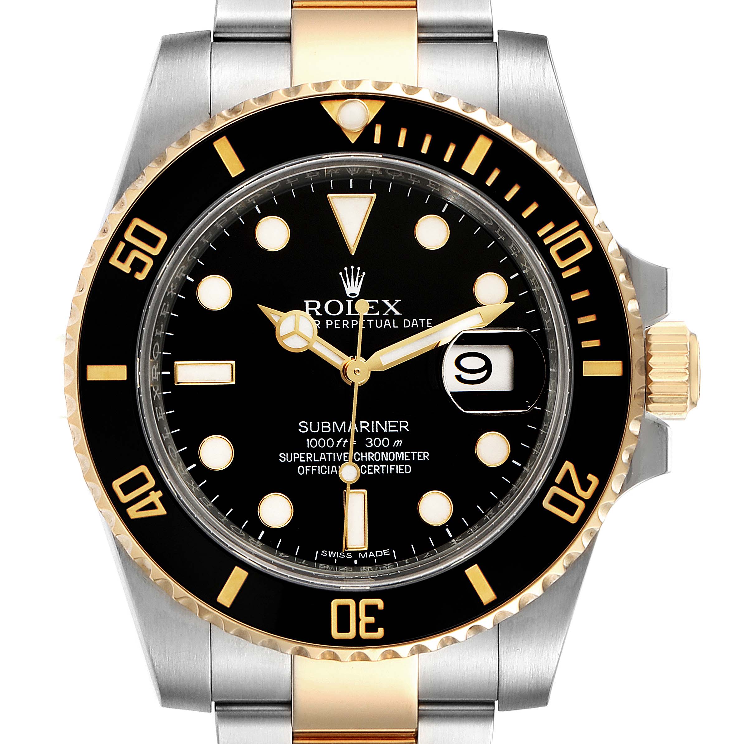 This image shows a front view of the Rolex Submariner 116613 Men
s Steel and Gold (two tone) Black Dial 116613 Men
s Steel and Gold (two tone) Black Dial watch model, highlighting the dial, bezel, and part of the band.