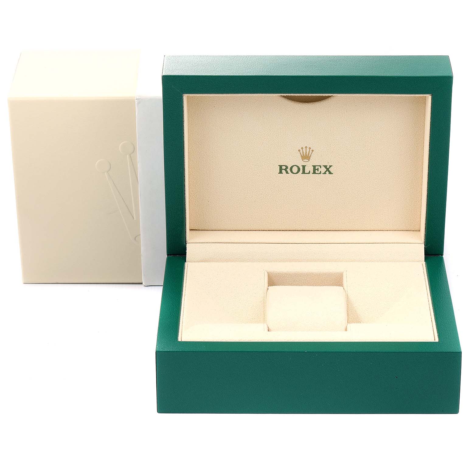 The image shows the open green and beige presentation box of a Rolex Submariner 116613 Men
s Steel and Gold (two tone) Black Dial 116613 Men
s Steel and Gold (two tone) Black Dial watch, with its logo visible.