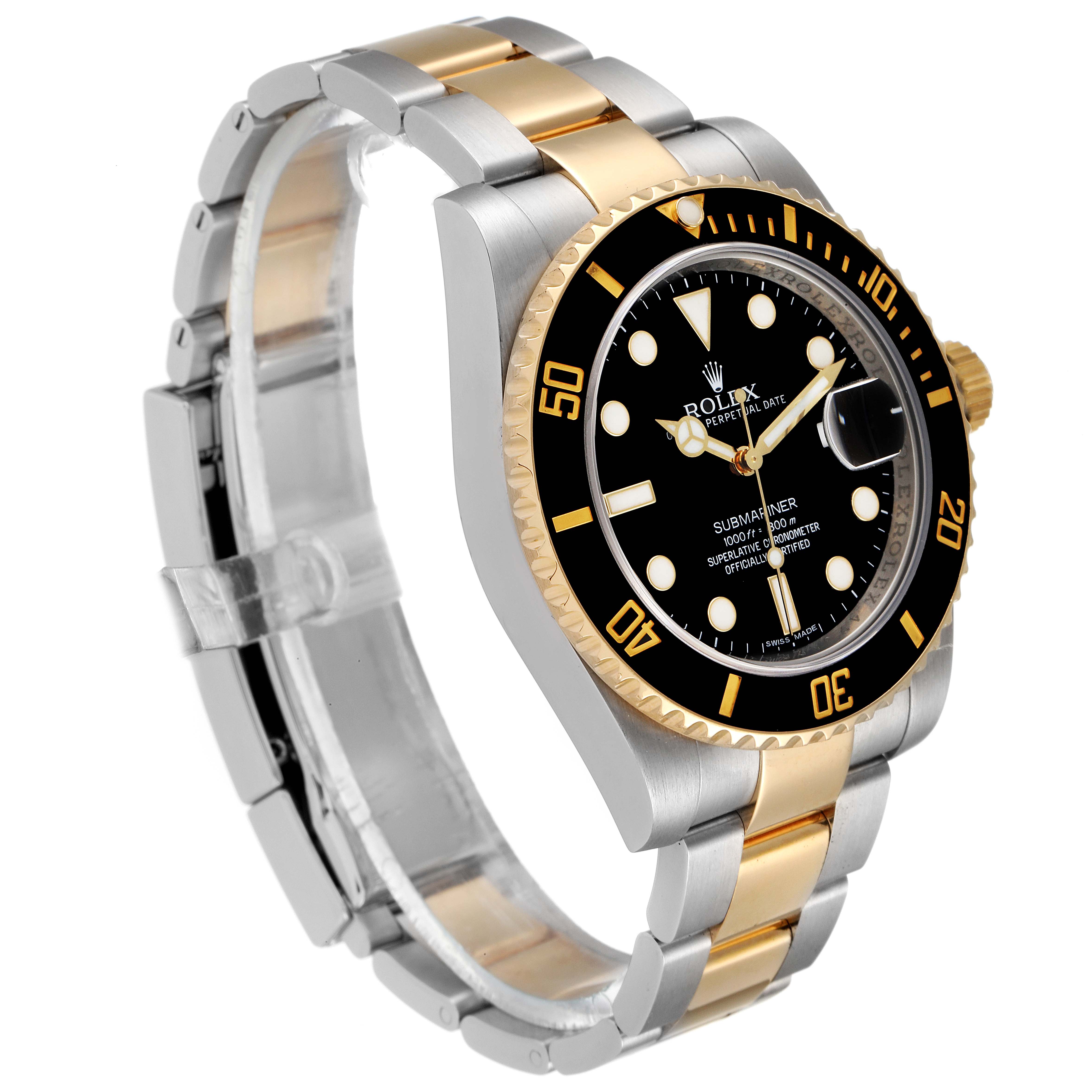 This image shows a side angle of a Rolex Submariner 116613 Men
s Steel and Gold (two tone) Black Dial 116613 Men
s Steel and Gold (two tone) Black Dial watch, highlighting the case, bezel, dial, bracelet, and crown.
