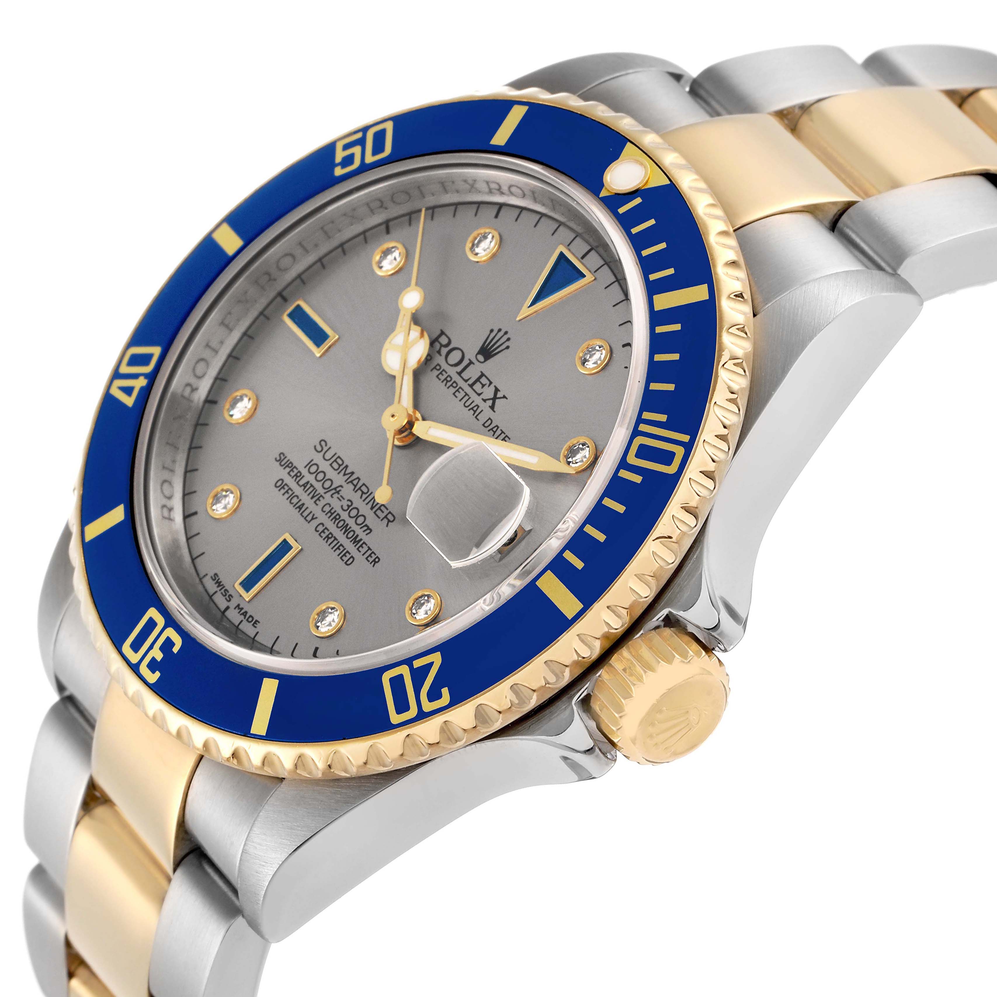 The Rolex Submariner 16613 Men
s Steel and Gold (two tone) Grey Dial watch is shown at an angled view displaying the bezel, dial, crown, and part of the bracelet.