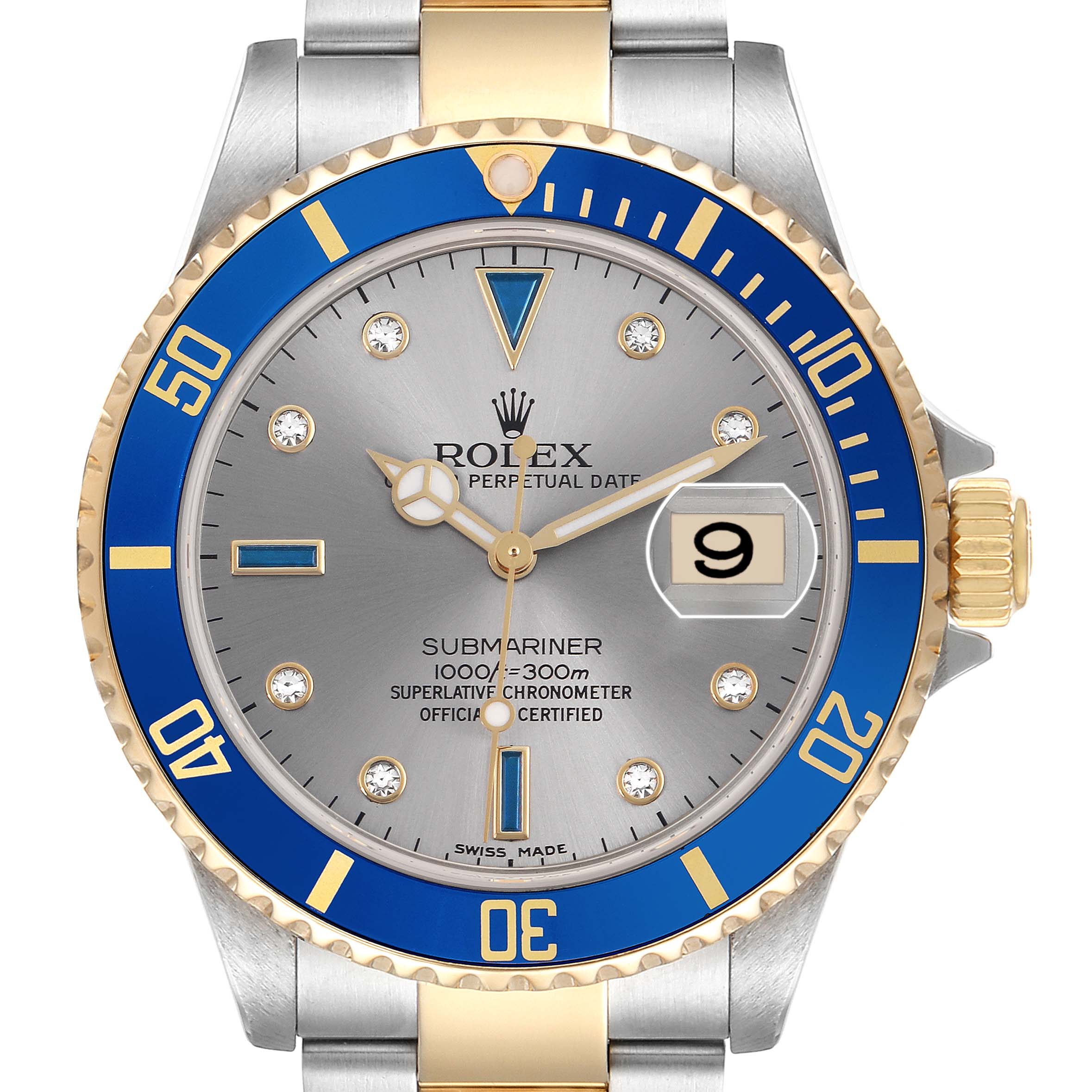 The image shows a front view of a Rolex Submariner 16613 Men
s Steel and Gold (two tone) Grey Dial, highlighting its dial, bezel, and part of the bracelet.