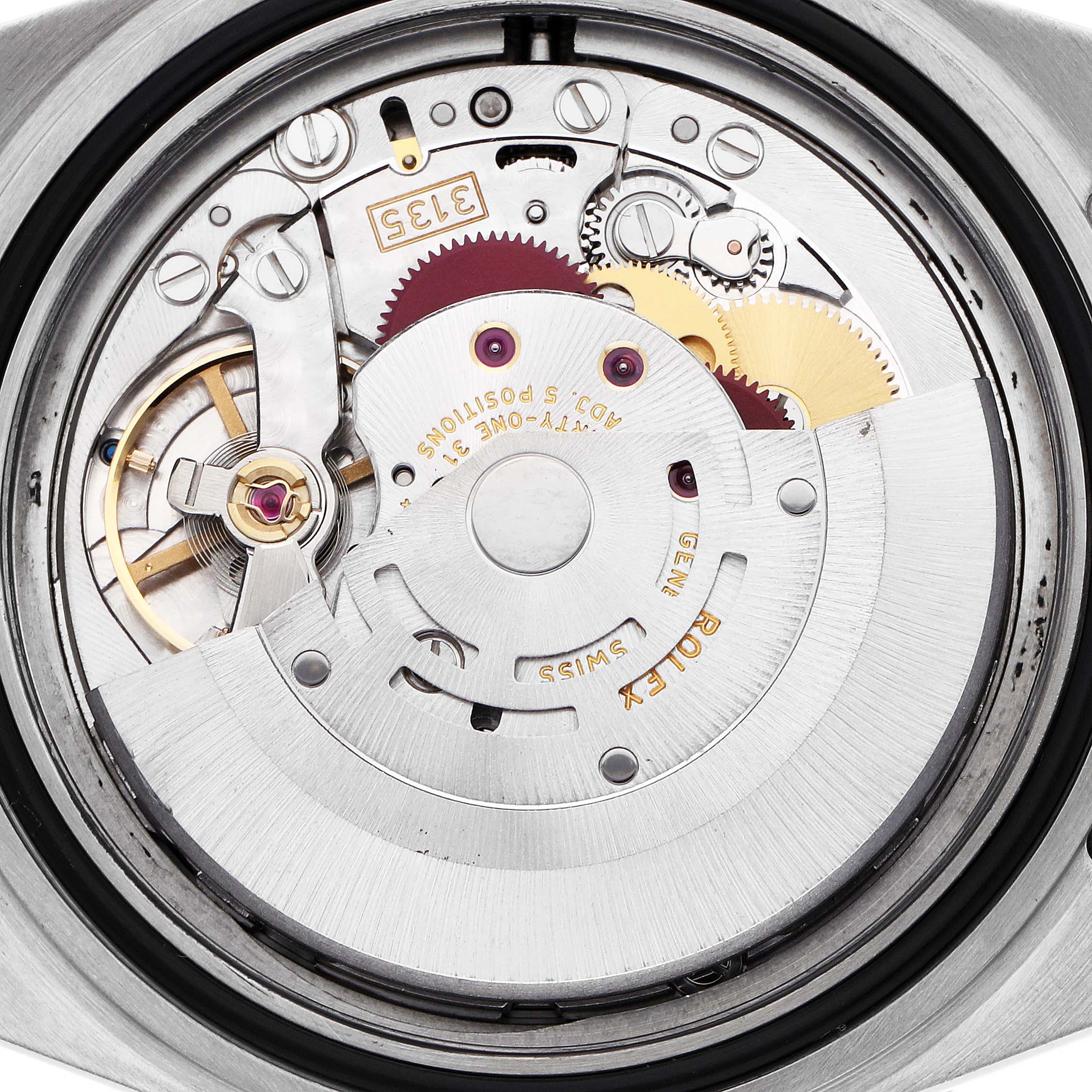 This image shows the movement of a Rolex Submariner 16613 Men
s Steel and Gold (two tone) Grey Dial watch from a rear angle, highlighting gears and the rotor.