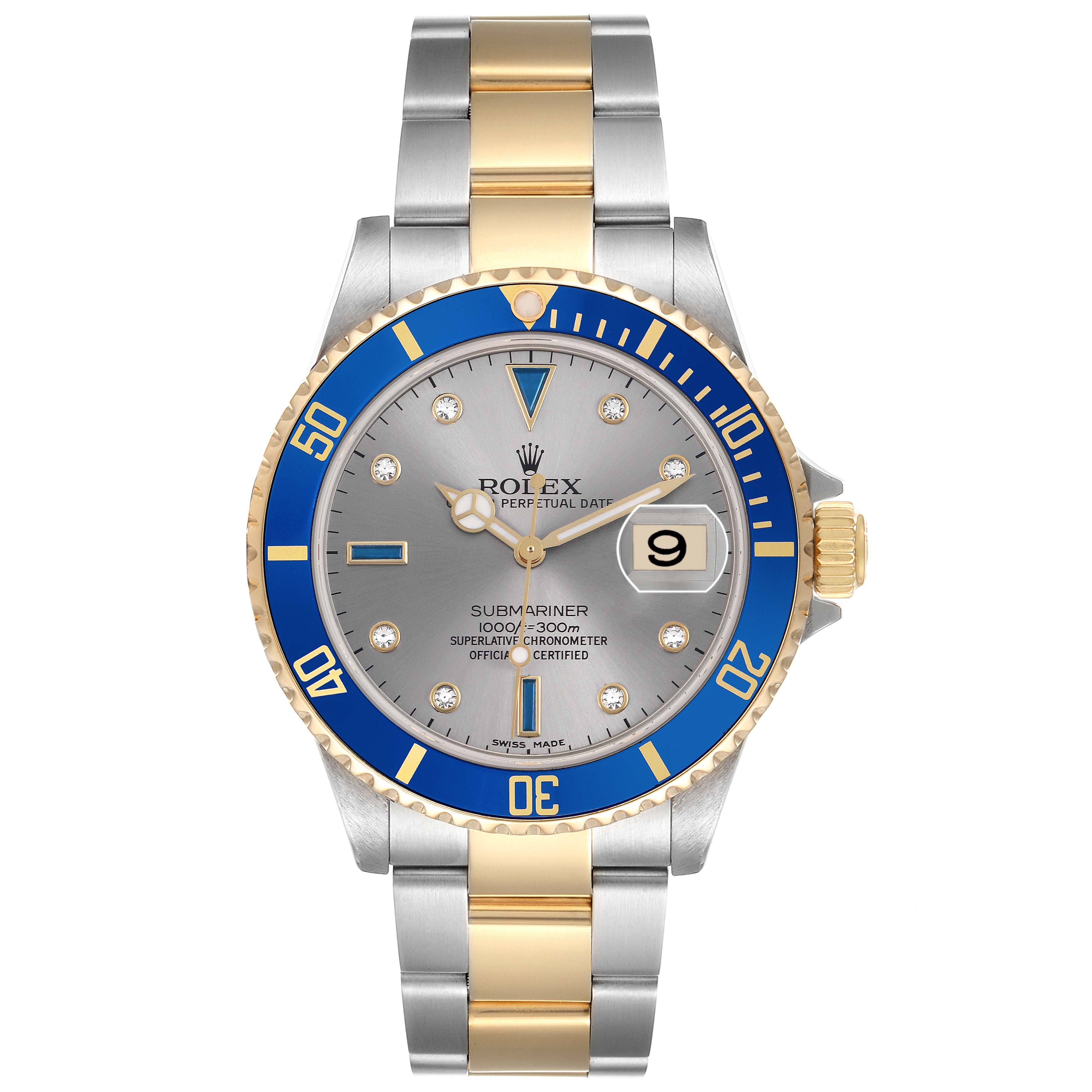 The Rolex Submariner 16613 Men
s Steel and Gold (two tone) Grey Dial watch is shown from a front angle, displaying the dial, bezel, bracelet, and crown.