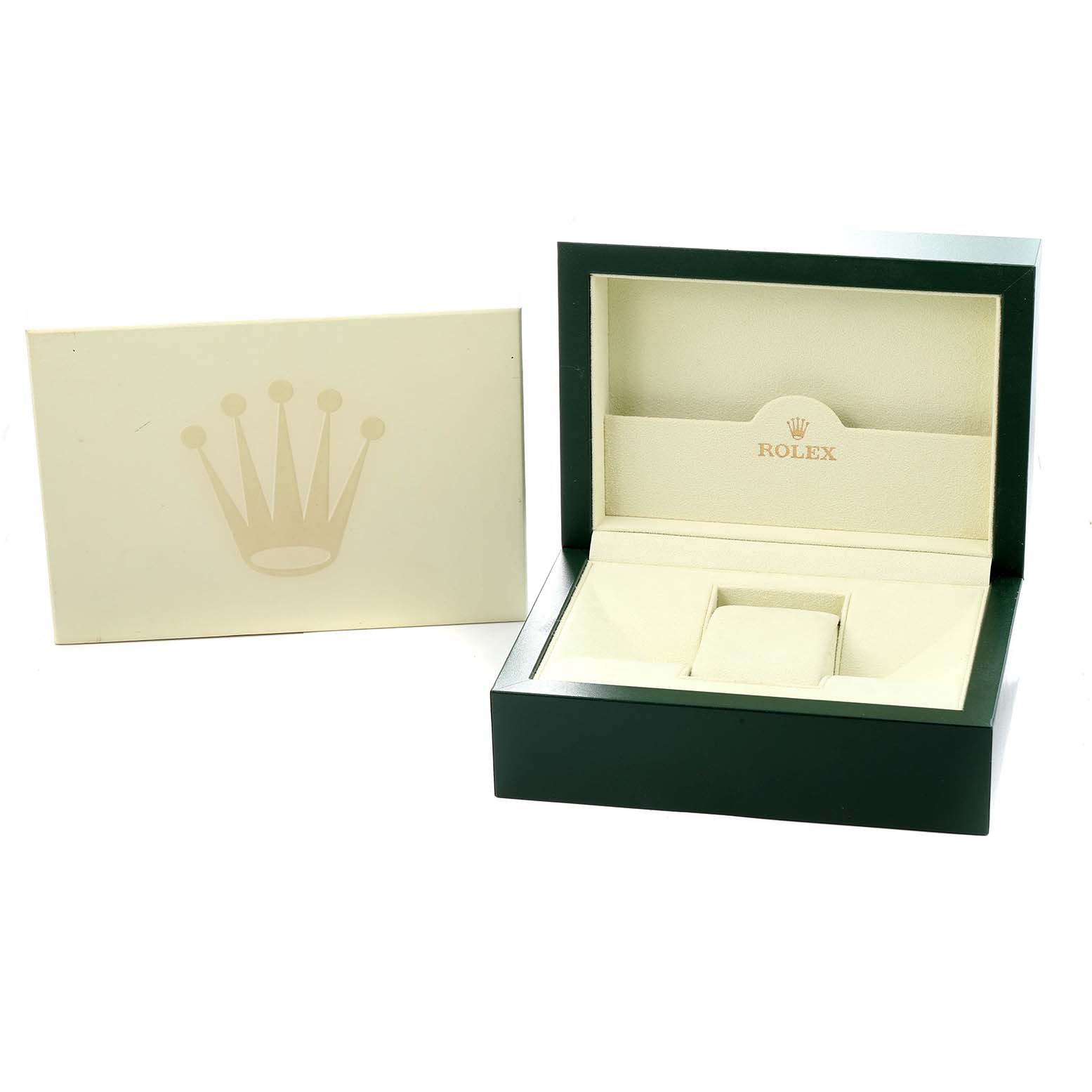 The image shows a Rolex Submariner 16613 Men
s Steel and Gold (two tone) Grey Dial watch box, including the outer box and the leather display case.