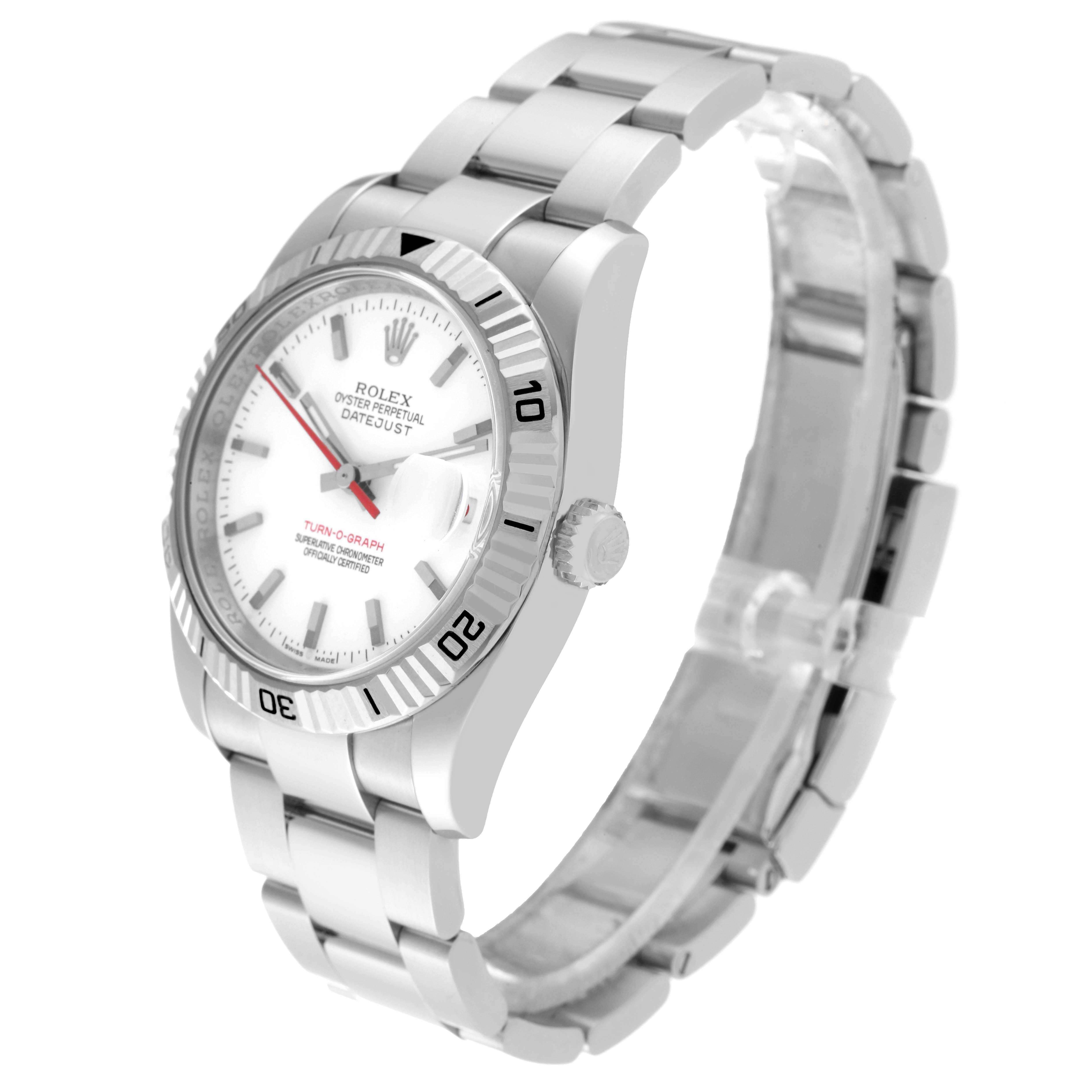The image shows a side angle of the Rolex Turn-o-Graph 116264 Men
s Stainless Steel White Dial 116264 Men
s Stainless Steel White Dial watch, highlighting its dial, bezel, and metal bracelet.