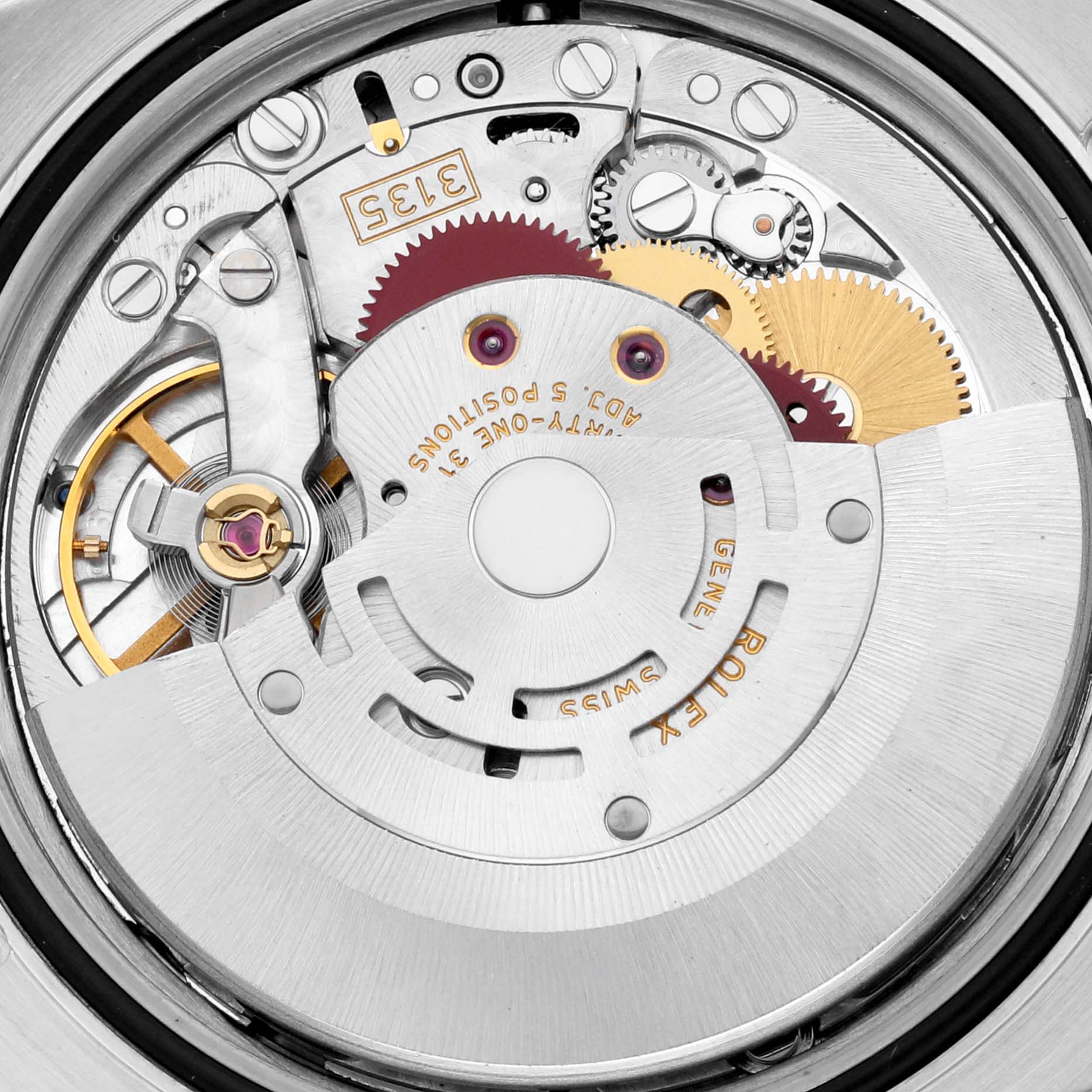 The image shows a close-up of the movement mechanism of the Rolex Turn-o-Graph 116264 Men
s Stainless Steel White Dial 116264 Men
s Stainless Steel White Dial watch, highlighting its intricate gears and rotor.