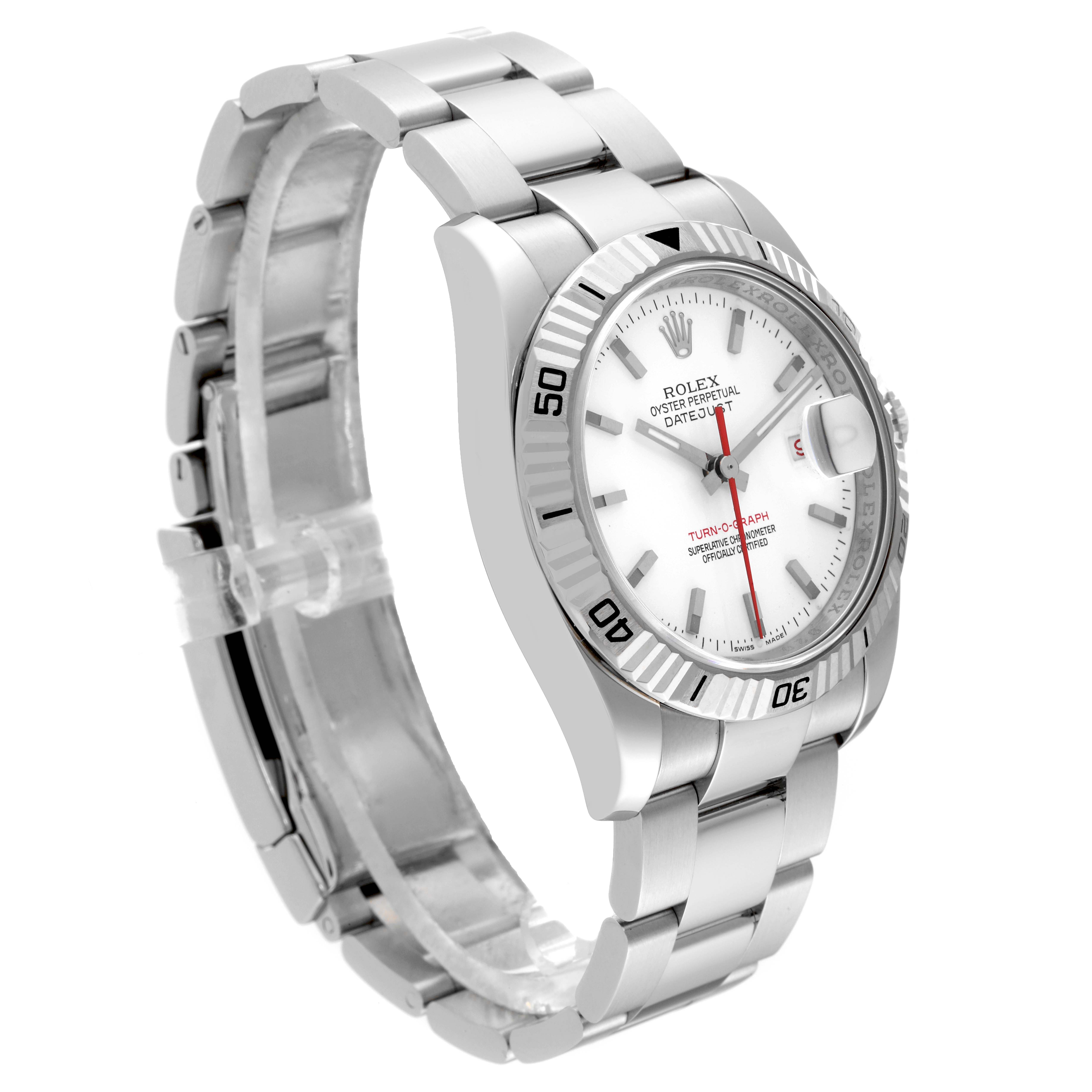 The image shows a side angle of the Rolex Turn-o-Graph 116264 Men
s Stainless Steel White Dial 116264 Men
s Stainless Steel White Dial watch, highlighting the bracelet, bezel, and face.