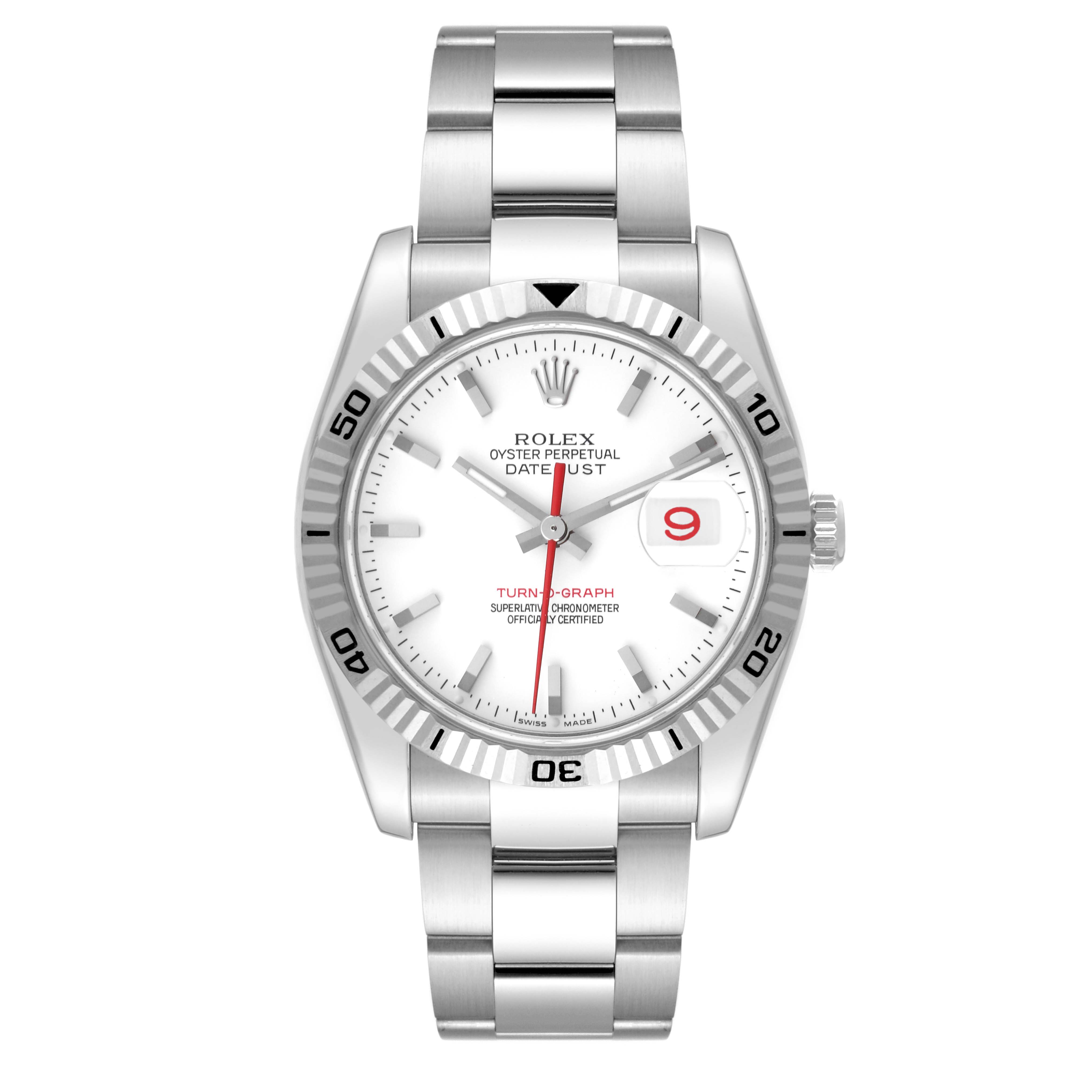 The image shows a top-down view of the Rolex Turn-o-Graph 116264 Men
s Stainless Steel White Dial 116264 Men
s Stainless Steel White Dial watch with its bezel, dial, and bracelet clearly visible.