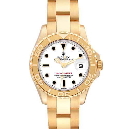 The image shows a front view of a Rolex Yacht-Master watch, highlighting the face, bezel, bracelet, and crown.