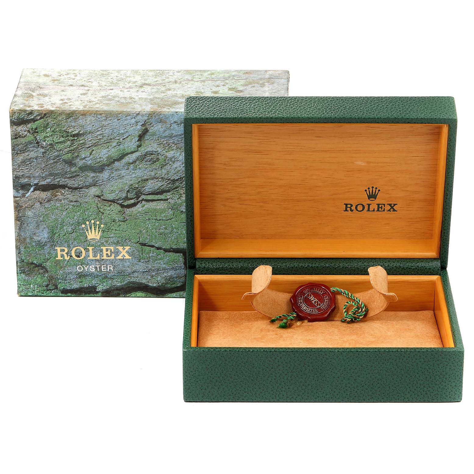 This image shows an open Rolex Yacht-Master 168623 Men
s Steel and Gold (two tone) White Dial 168623 Men
s Steel and Gold (two tone) White Dial watch box, with the outer box and watch tags visible.