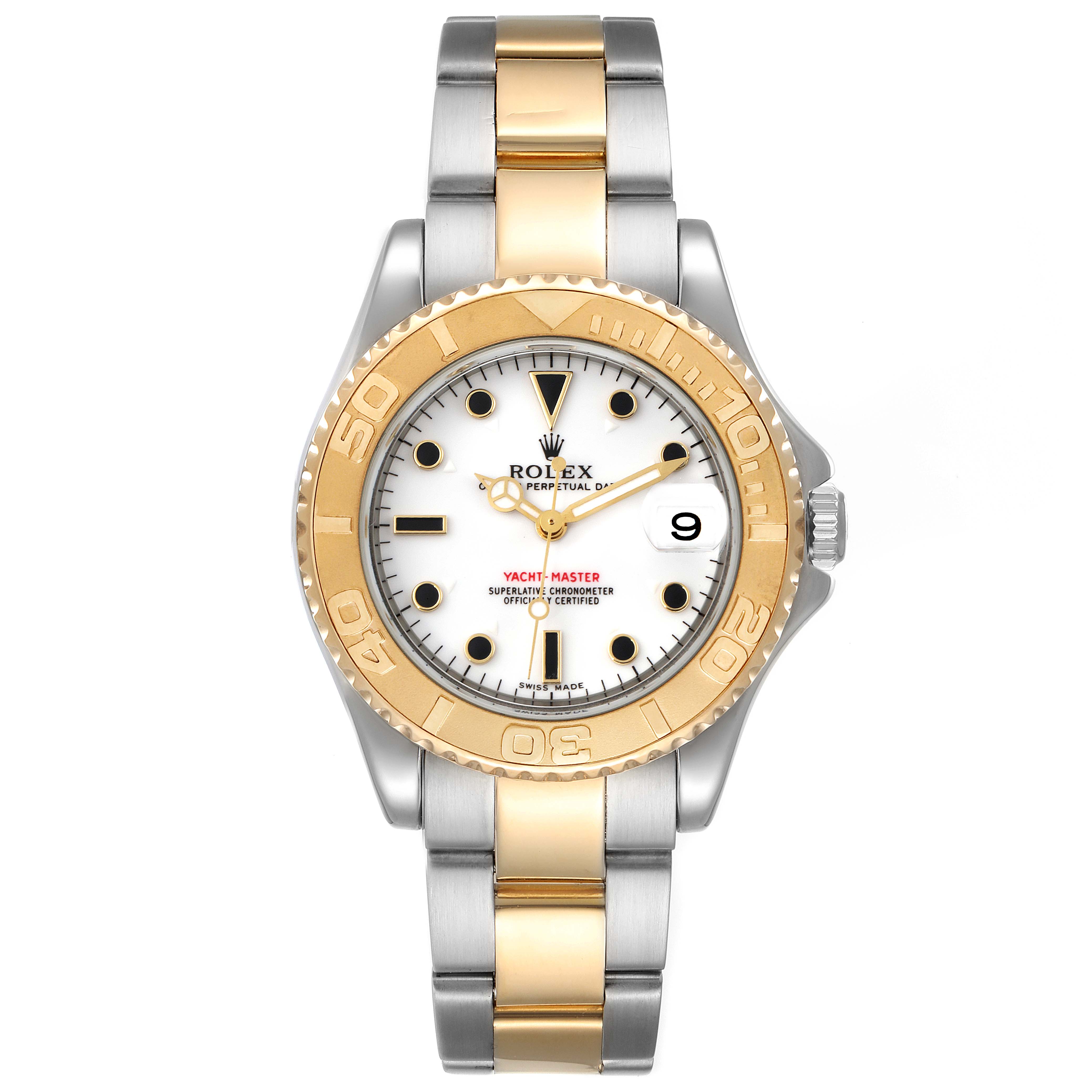 The Rolex Yacht-Master 168623 Men
s Steel and Gold (two tone) White Dial 168623 Men
s Steel and Gold (two tone) White Dial watch is shown from a front angle, highlighting its dial, bezel, and bracelet.